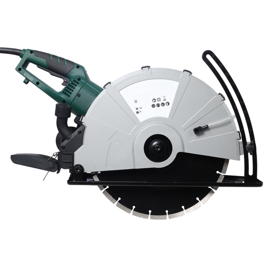 Powerful inch concrete saw with a green handle and silver protective guard