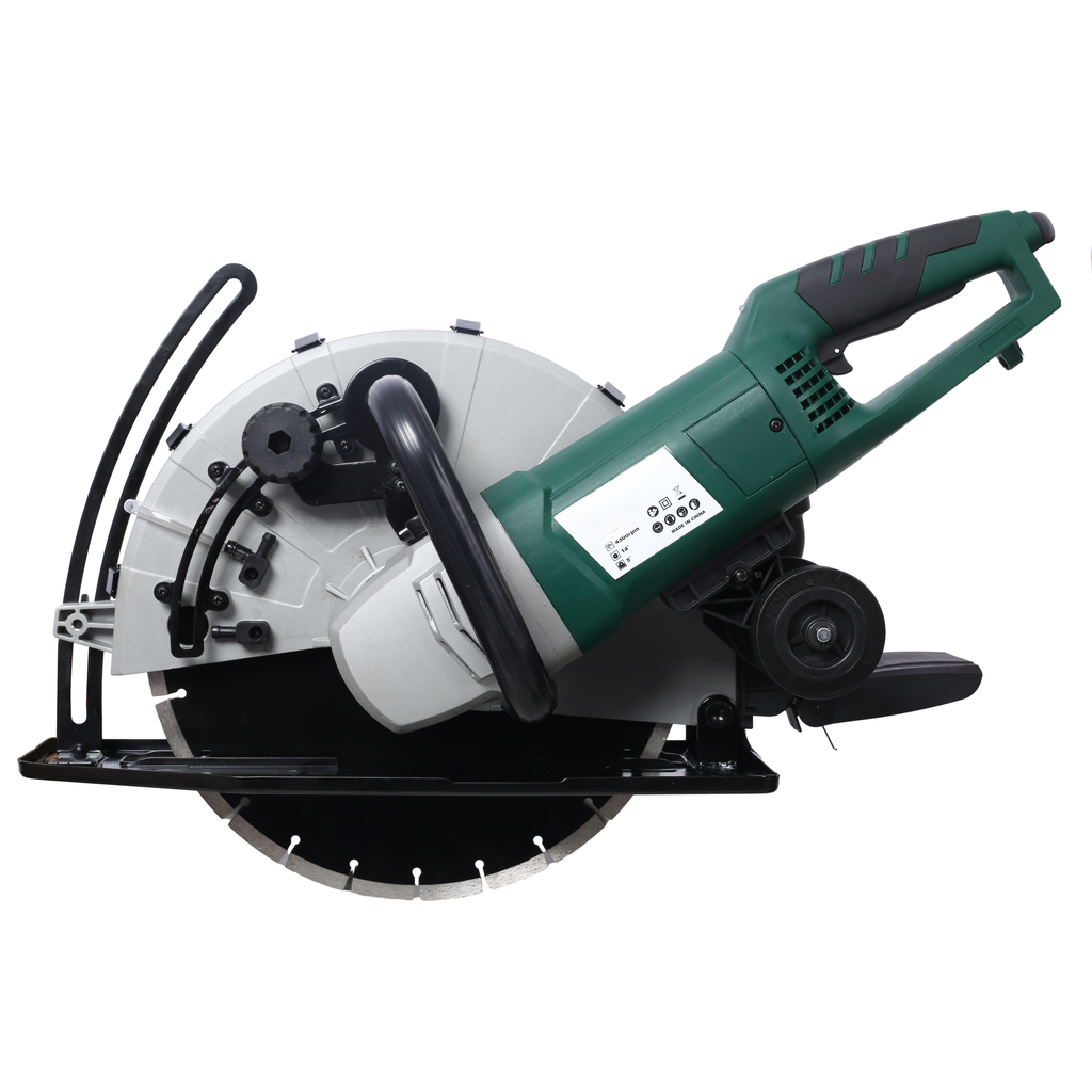 Green and silver heavyduty concrete saw with powerful motor and large cutting blade