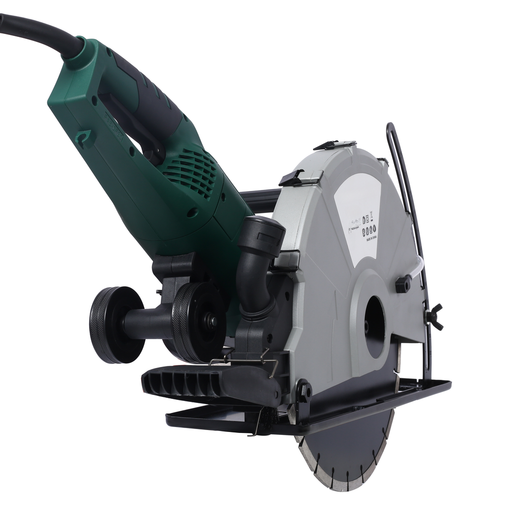 Powerful green and gray circular saw with a diamond blade for heavyduty cutting