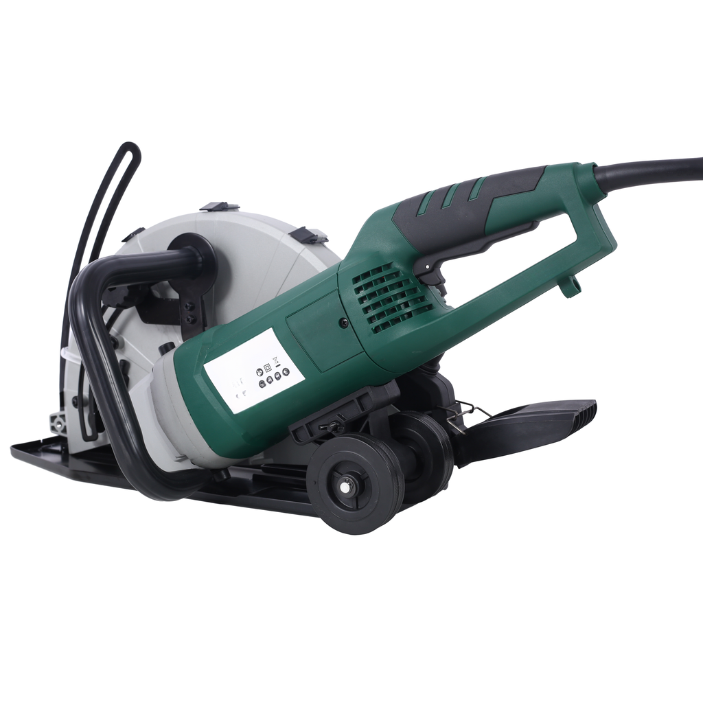 Green and gray electric circular saw with ergonomic handle and blade guard