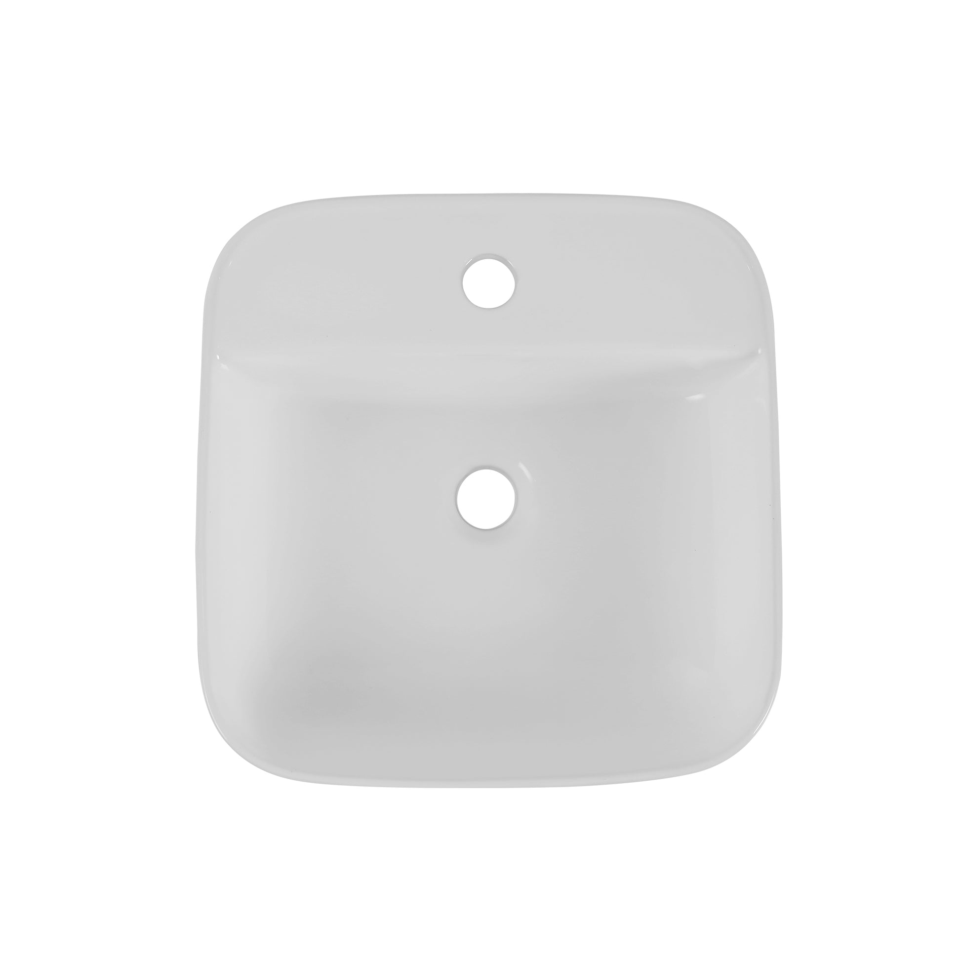 White ceramic vessel sink with rounded square shape and two faucet holes