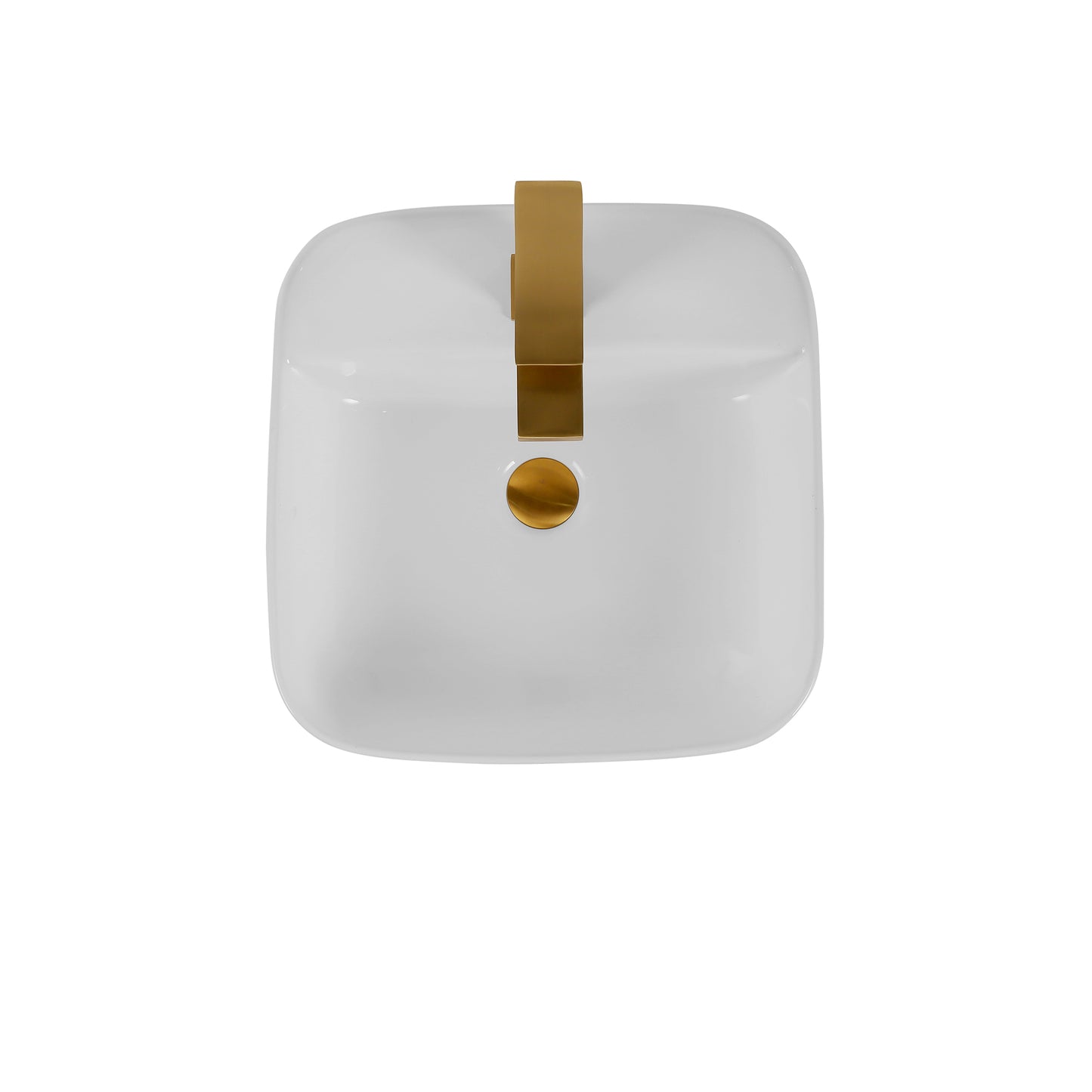 Modern white ceramic vessel sink with a brushed gold faucet and drain assembly