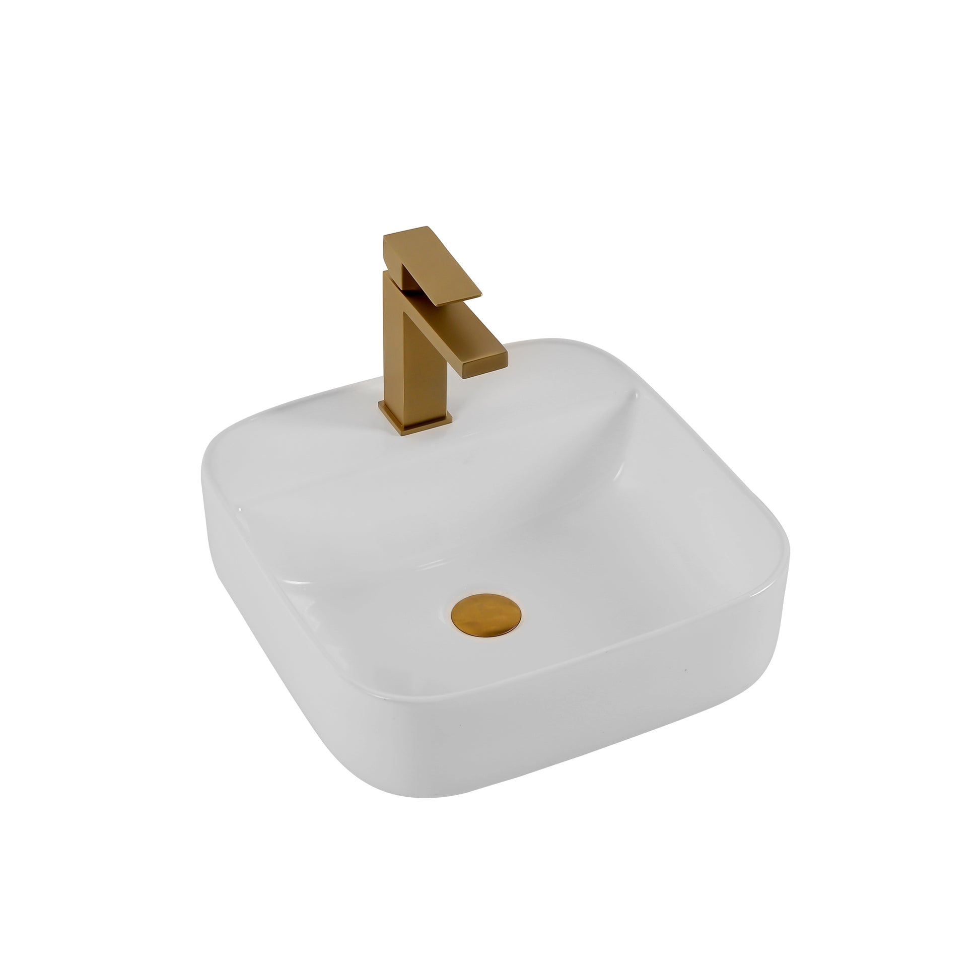 White ceramic vessel sink with brushed gold faucet and drain