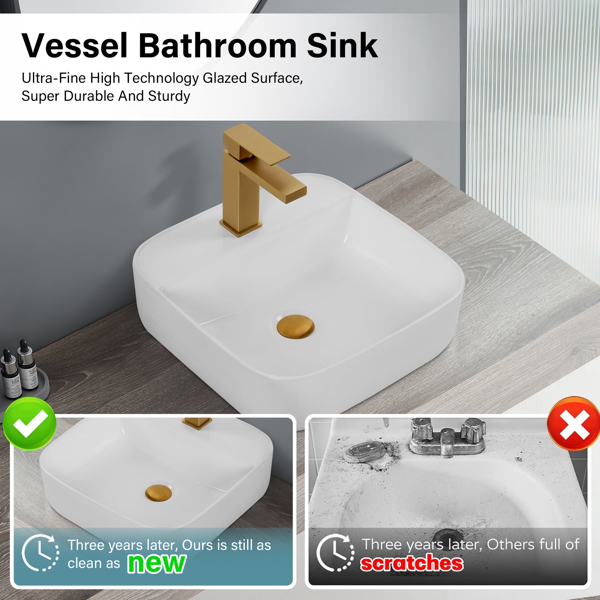 Square white ceramic vessel sink with gold faucet and drain