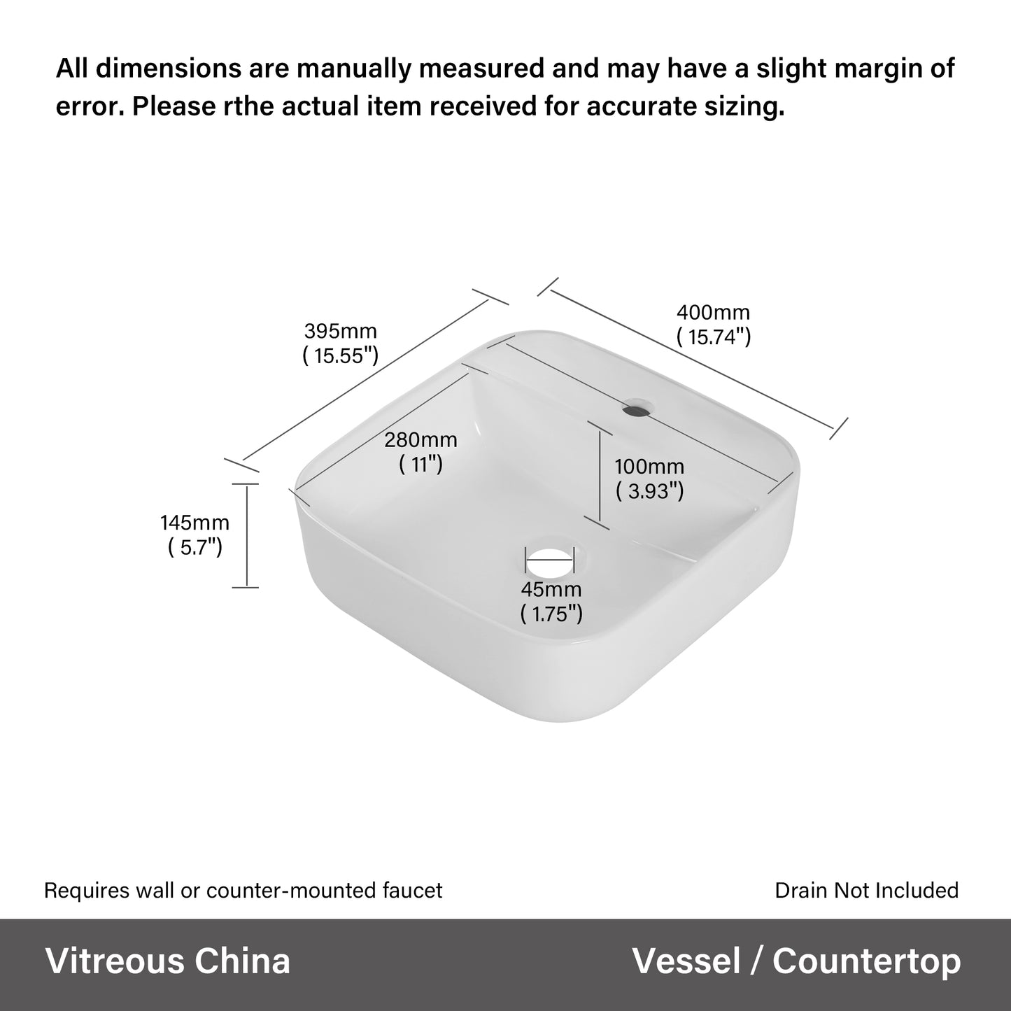 White square vitreous china vessel sink with dimensions mm x mm x mm