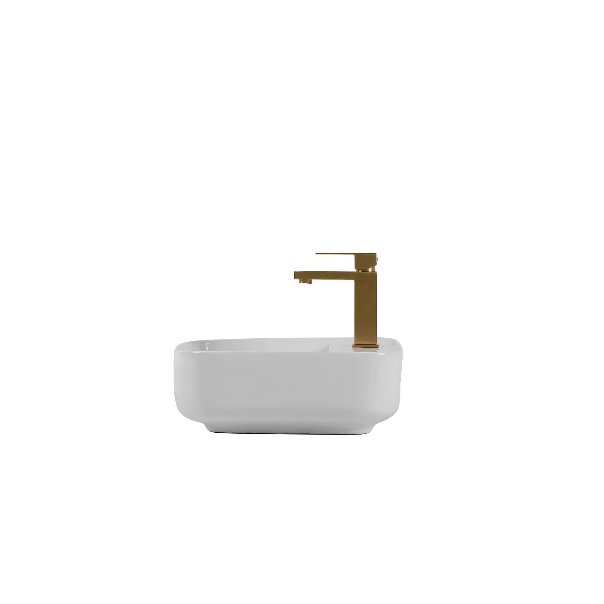 Modern rectangular white ceramic basin with a brushed gold faucet