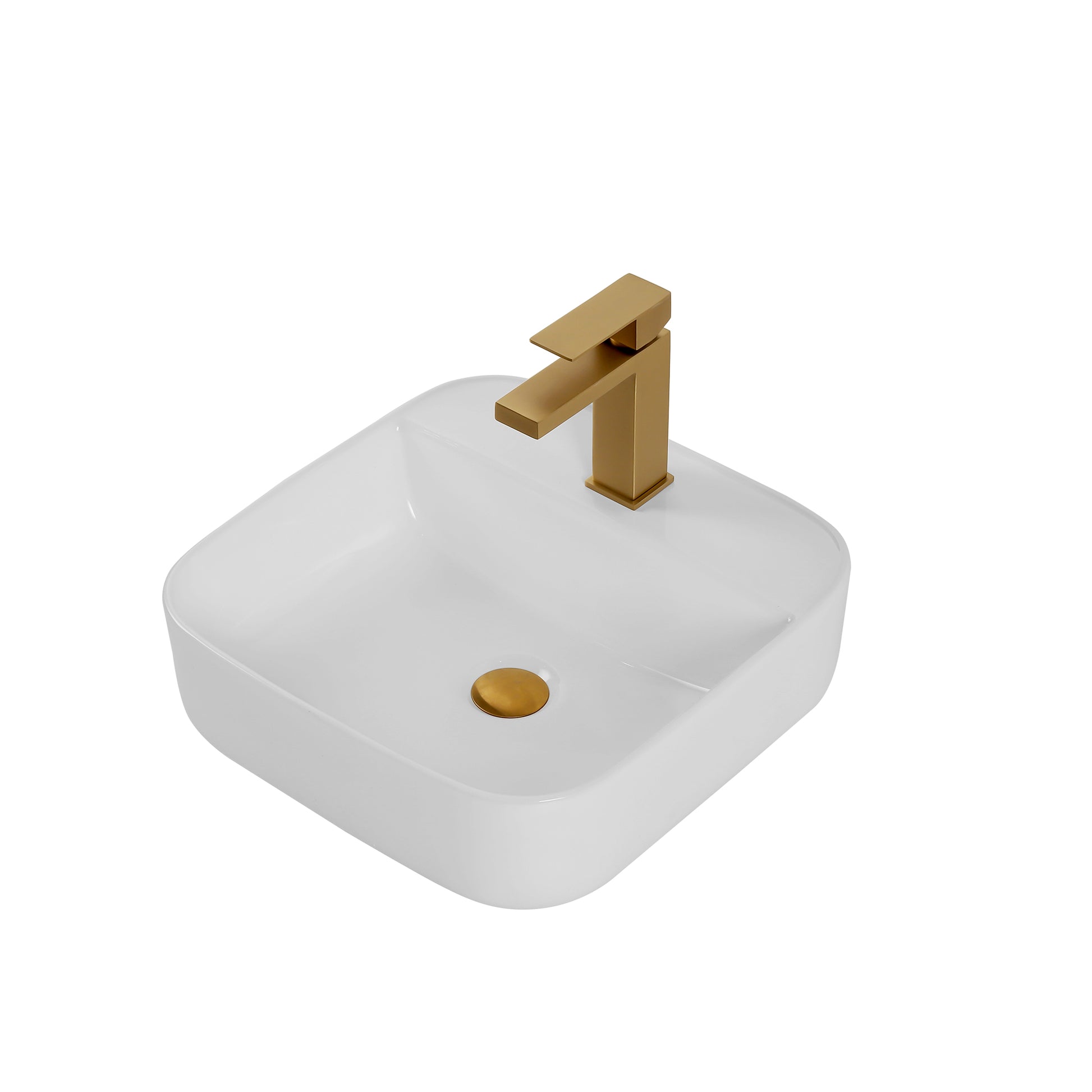 Square ceramic vessel sink with modern brass faucet and drain
