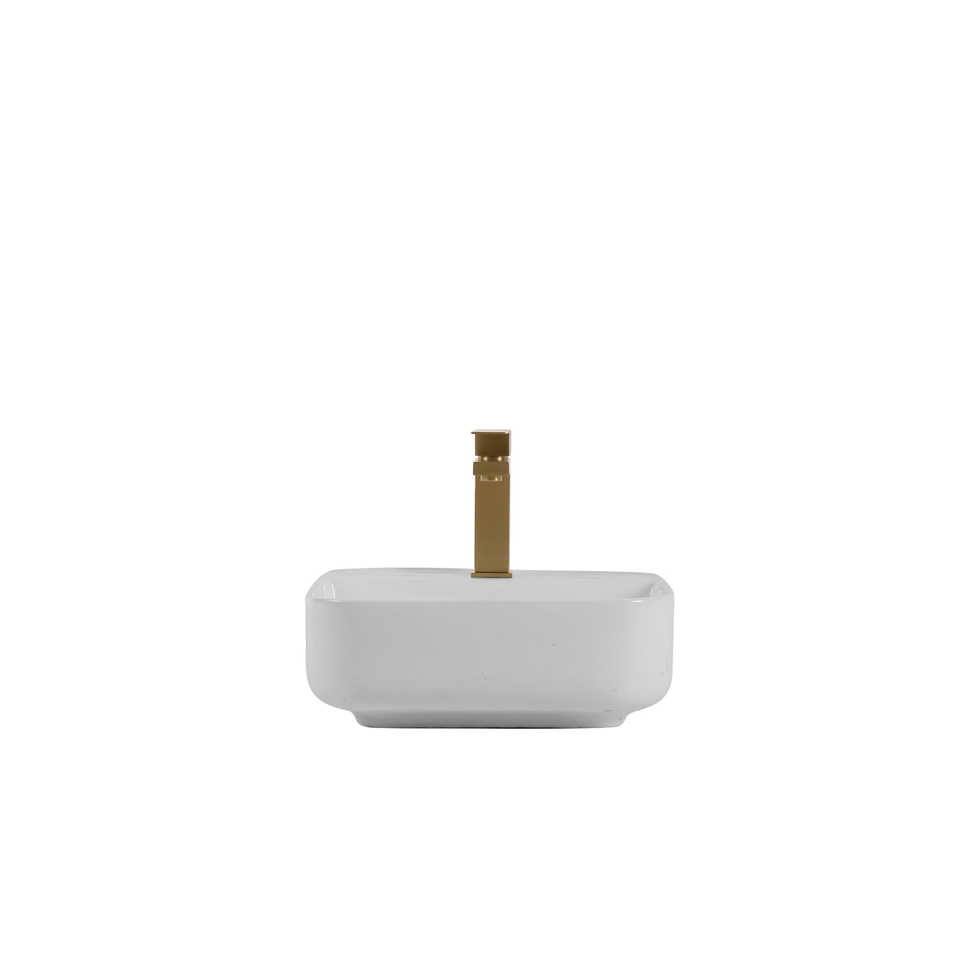 White rectangular vessel sink with a modern brushed brass faucet