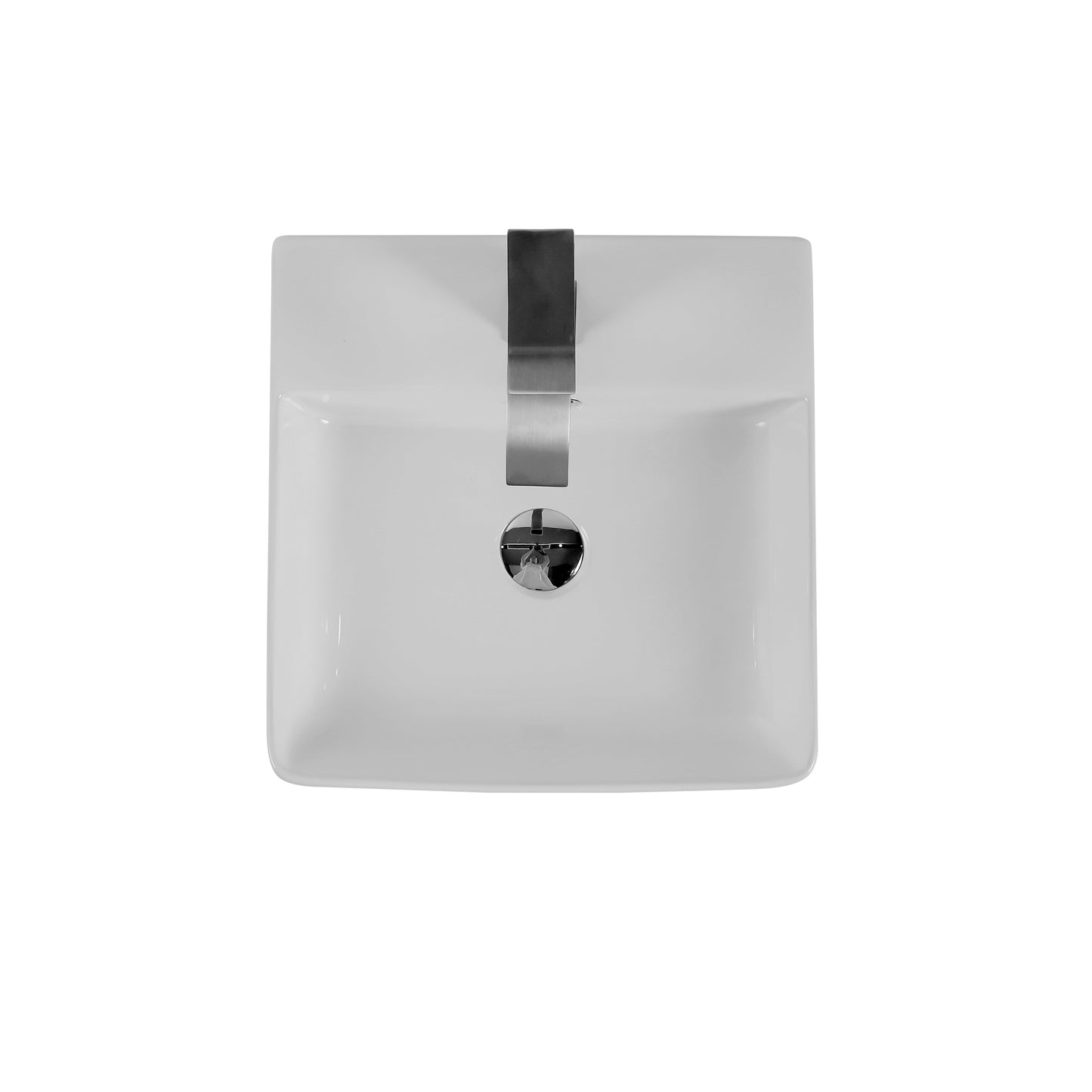 Modern square ceramic vessel sink with sleek chrome faucet and drain