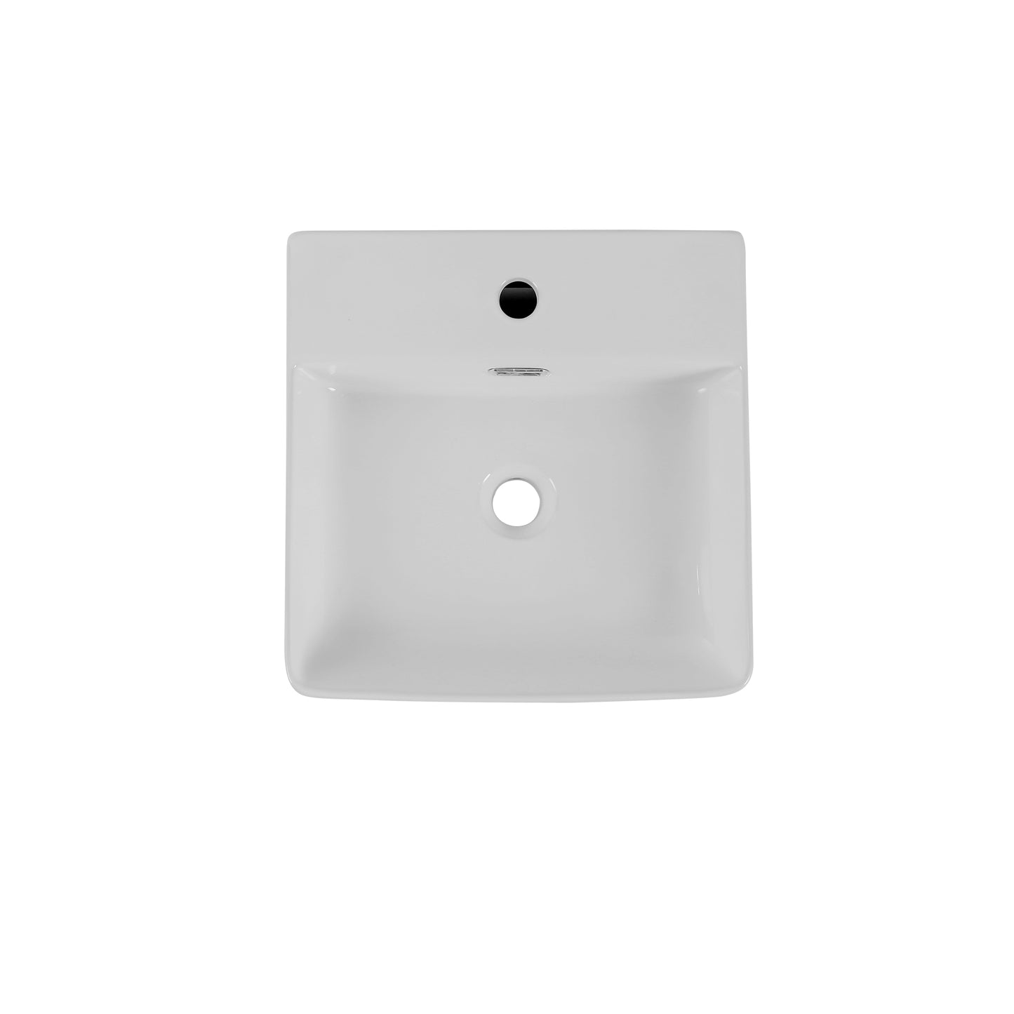 White ceramic vessel sink with single faucet hole and overflow