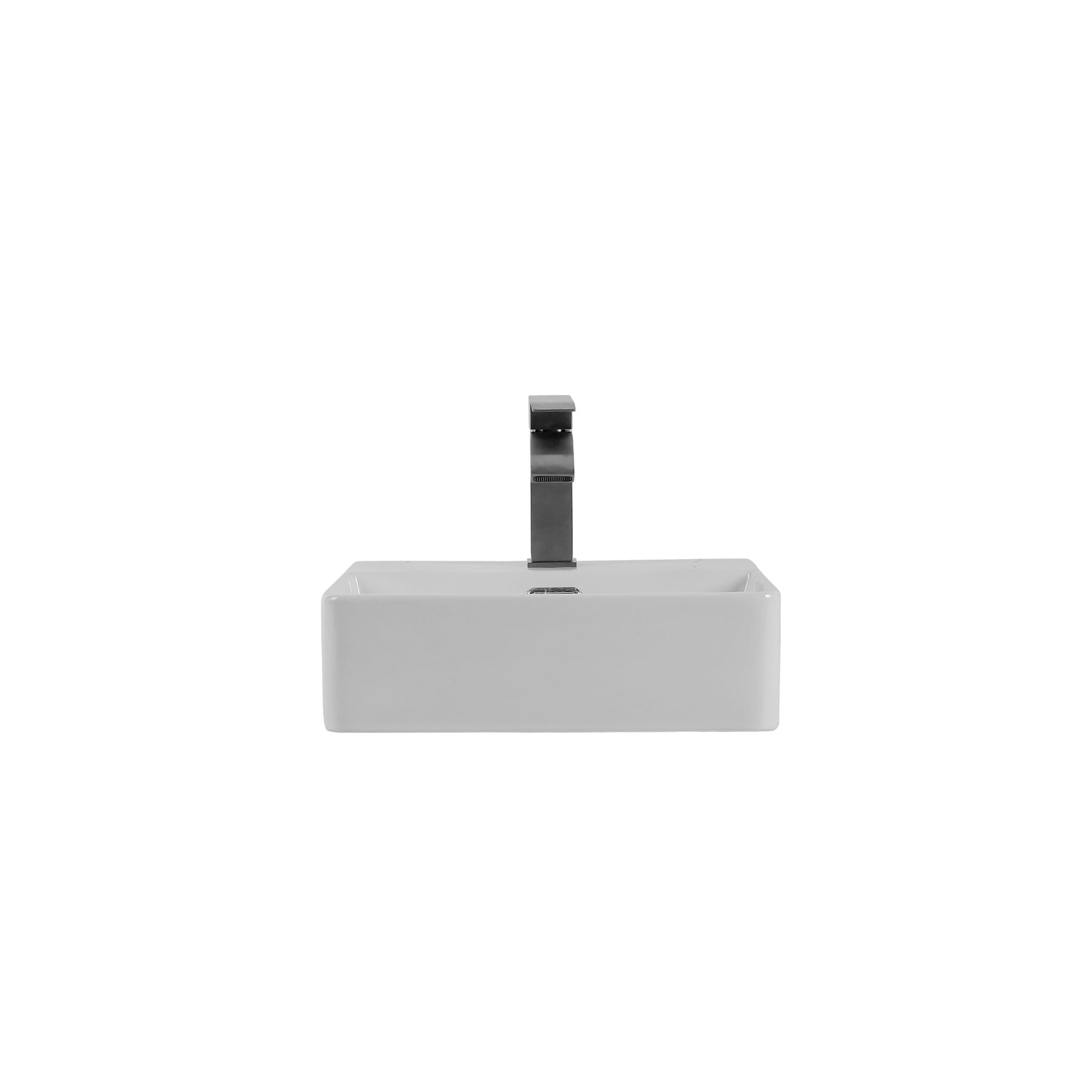 Modern rectangular white ceramic vessel sink with matte black faucet