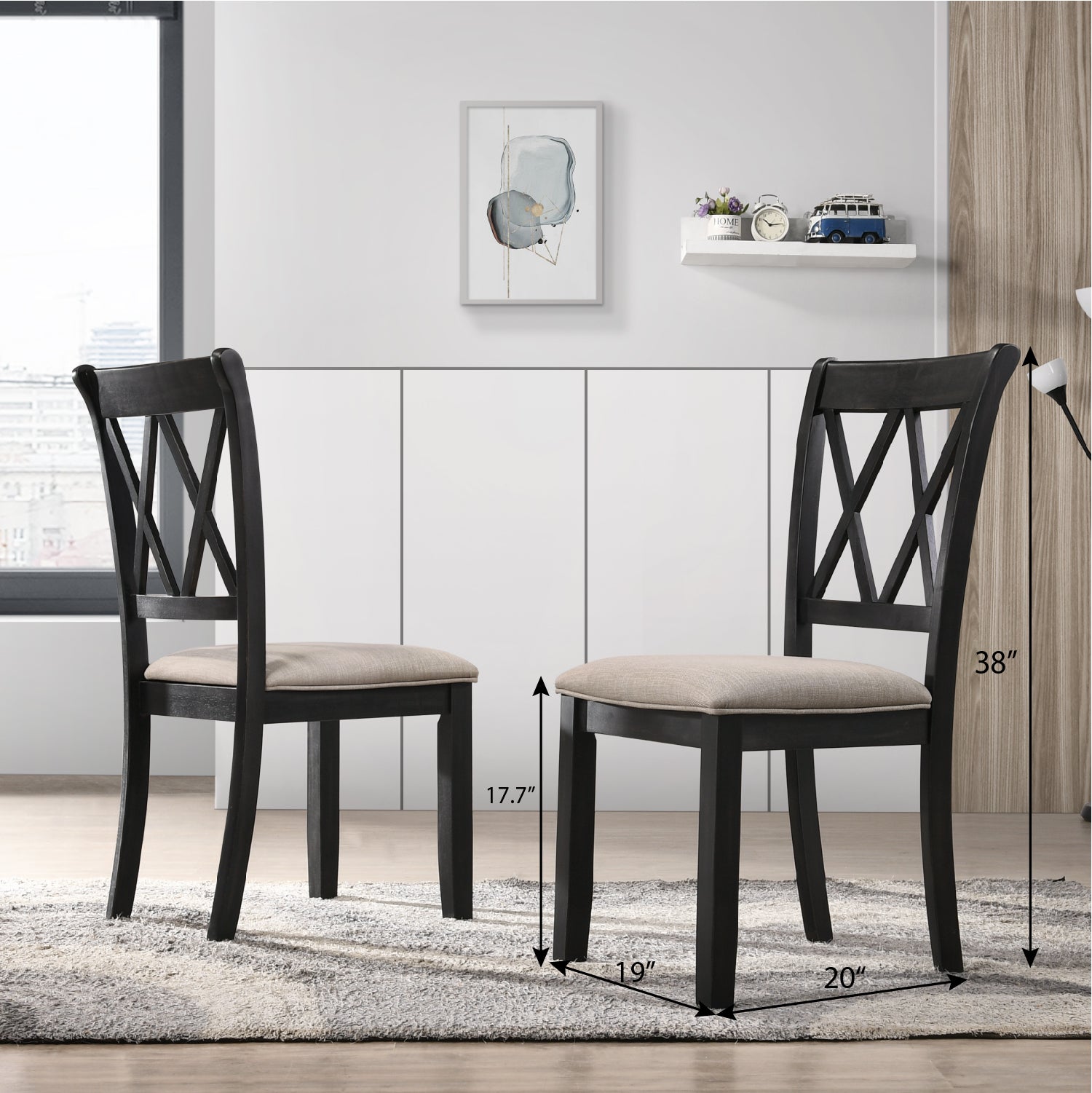 Black wooden dining chairs with beige upholstered seats and crisscross back design