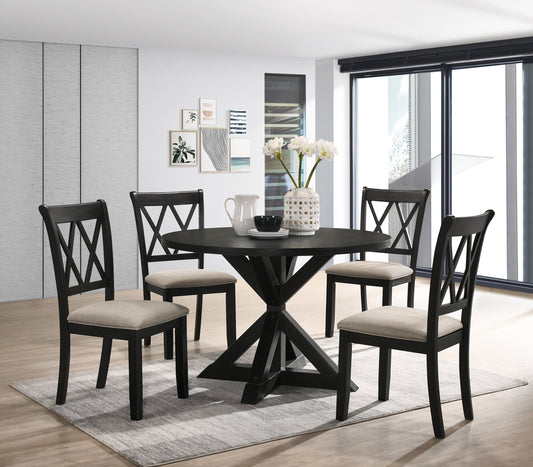 Black wooden dining table set with four upholstered chairs
