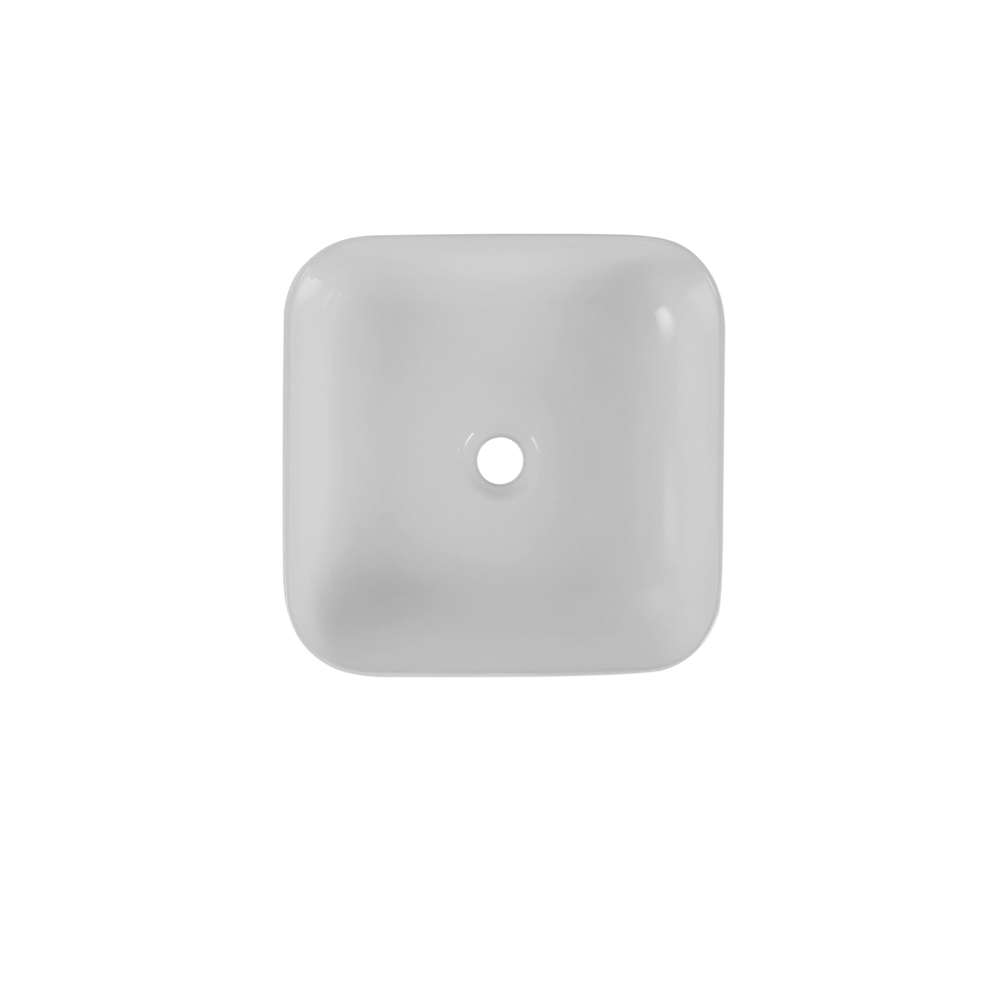 Modern white ceramic vessel sink with rounded edges and central drain hole