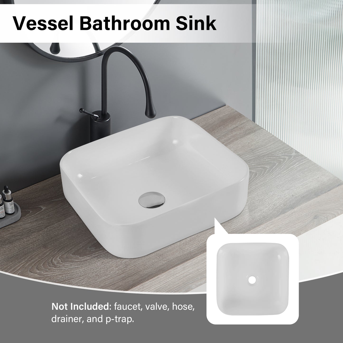 White square ceramic vessel bathroom sink with rounded edges