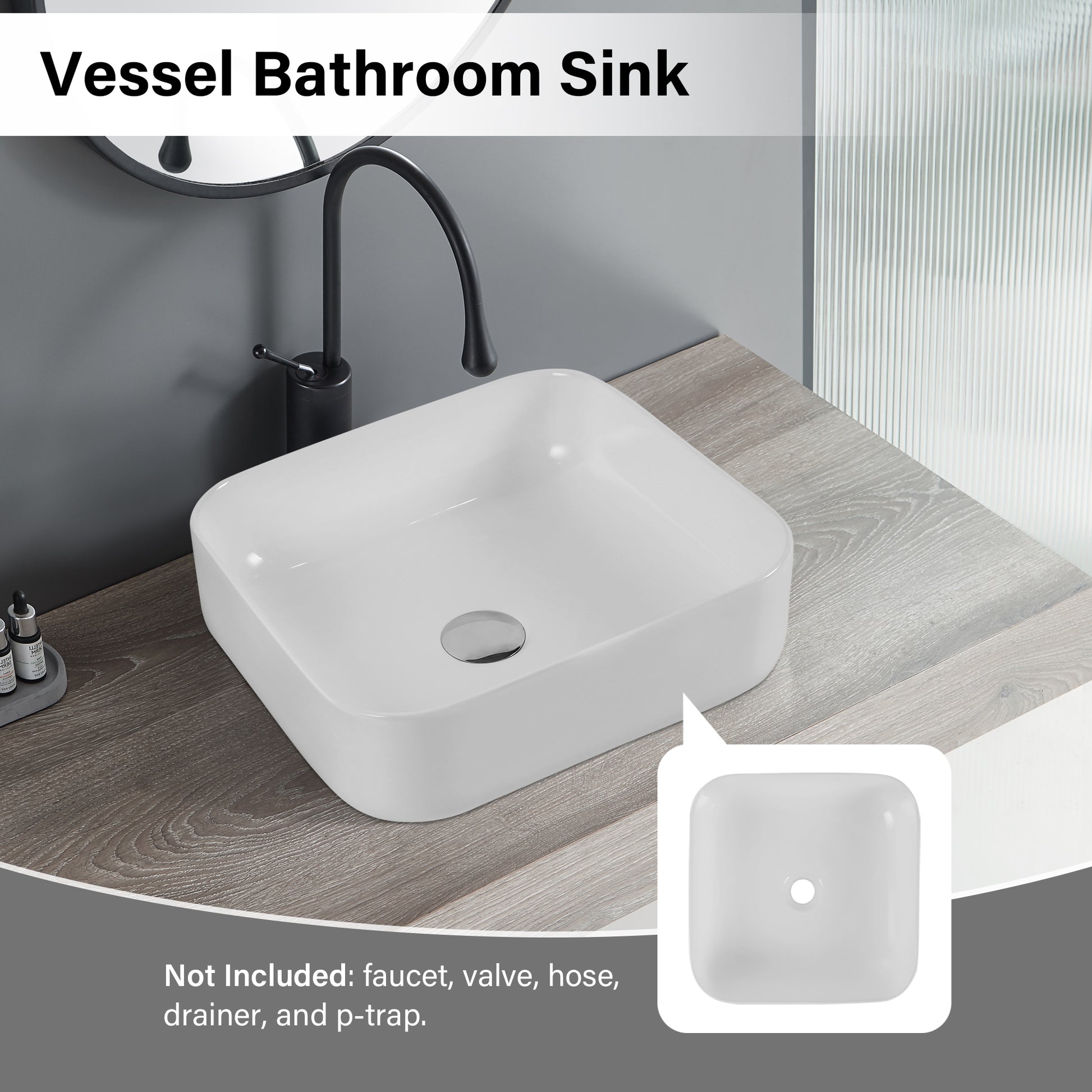 White square ceramic vessel bathroom sink with rounded edges