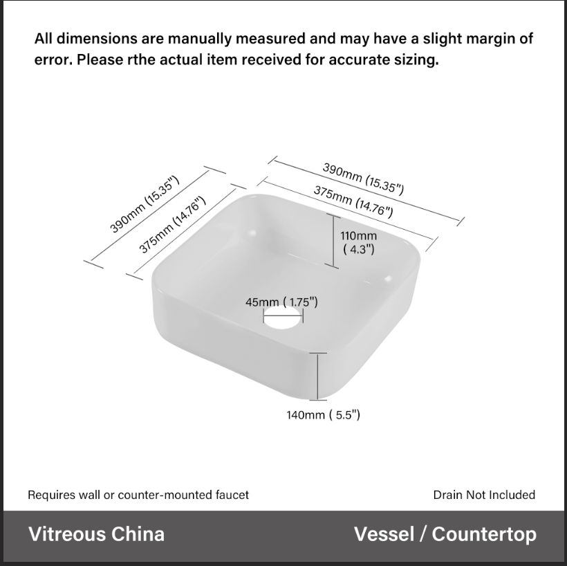 Square vitreous china vessel sink with inch width and inch height
