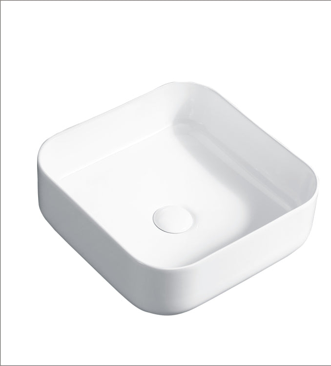 Modern white square ceramic vessel sink with rounded edges