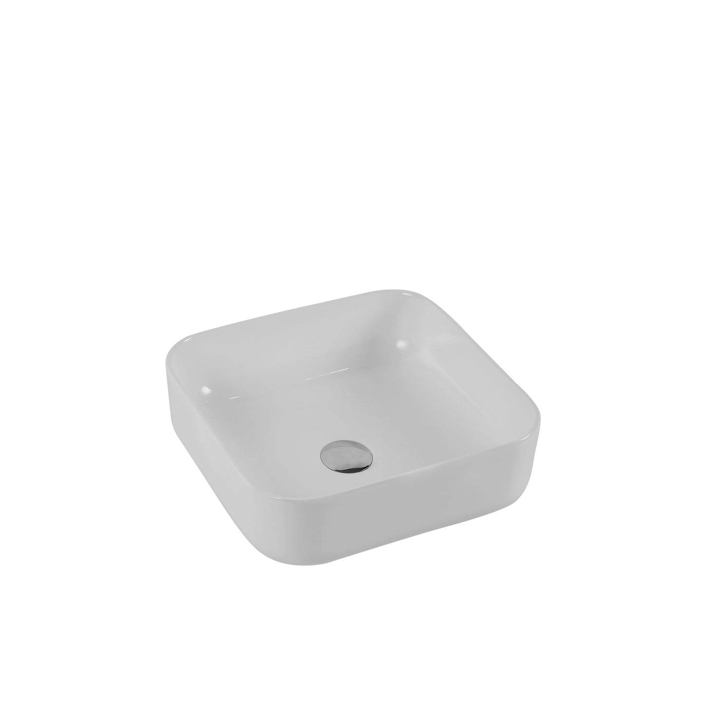 White ceramic vessel sink with clean modern lines and chrome drain accent