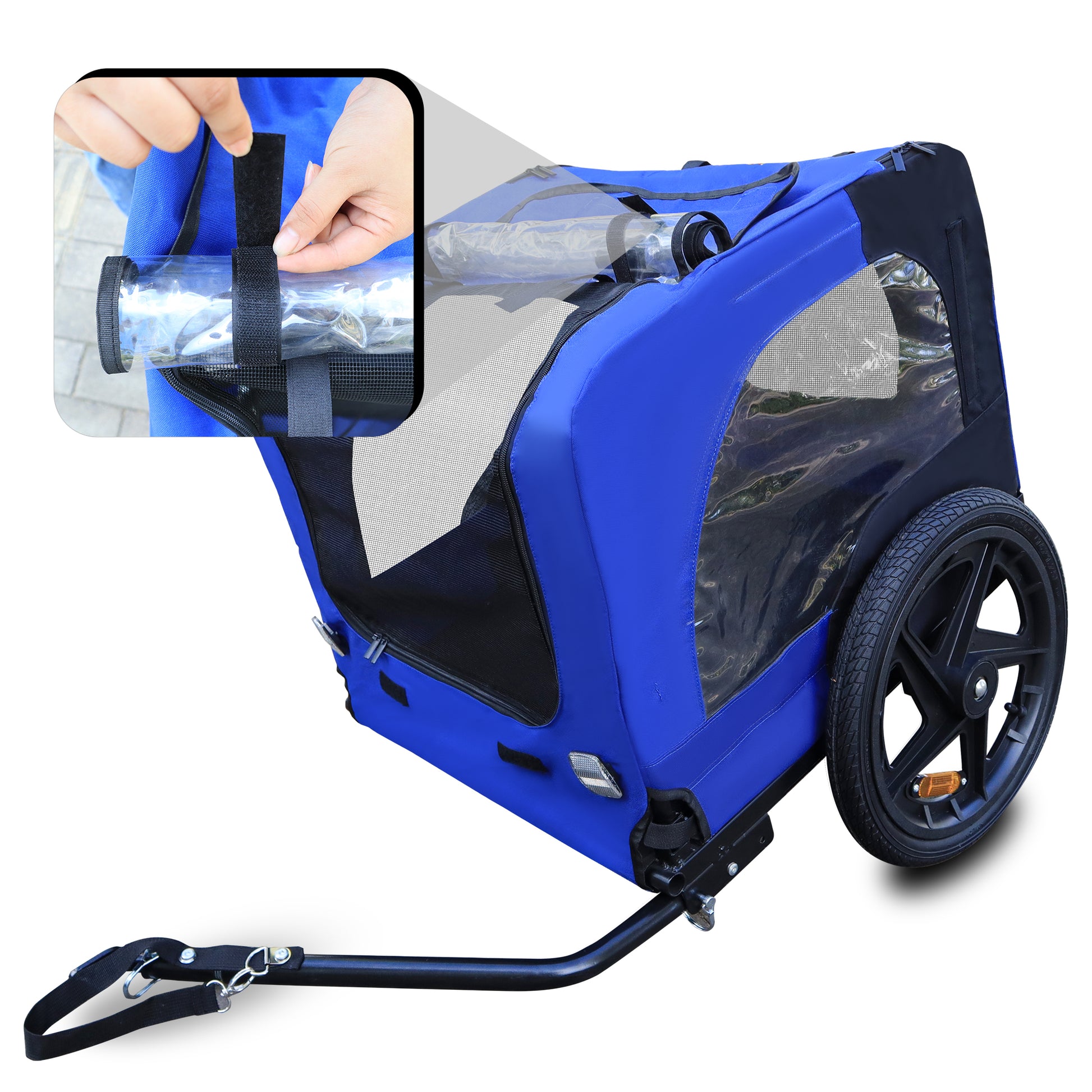 Blue canvas pet trailer with secure Velcro strap detail for easy closure