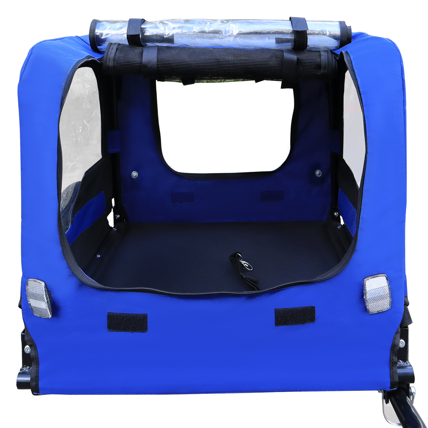 Bright blue fabric pet carrier with mesh window and reflective accents for safe travel