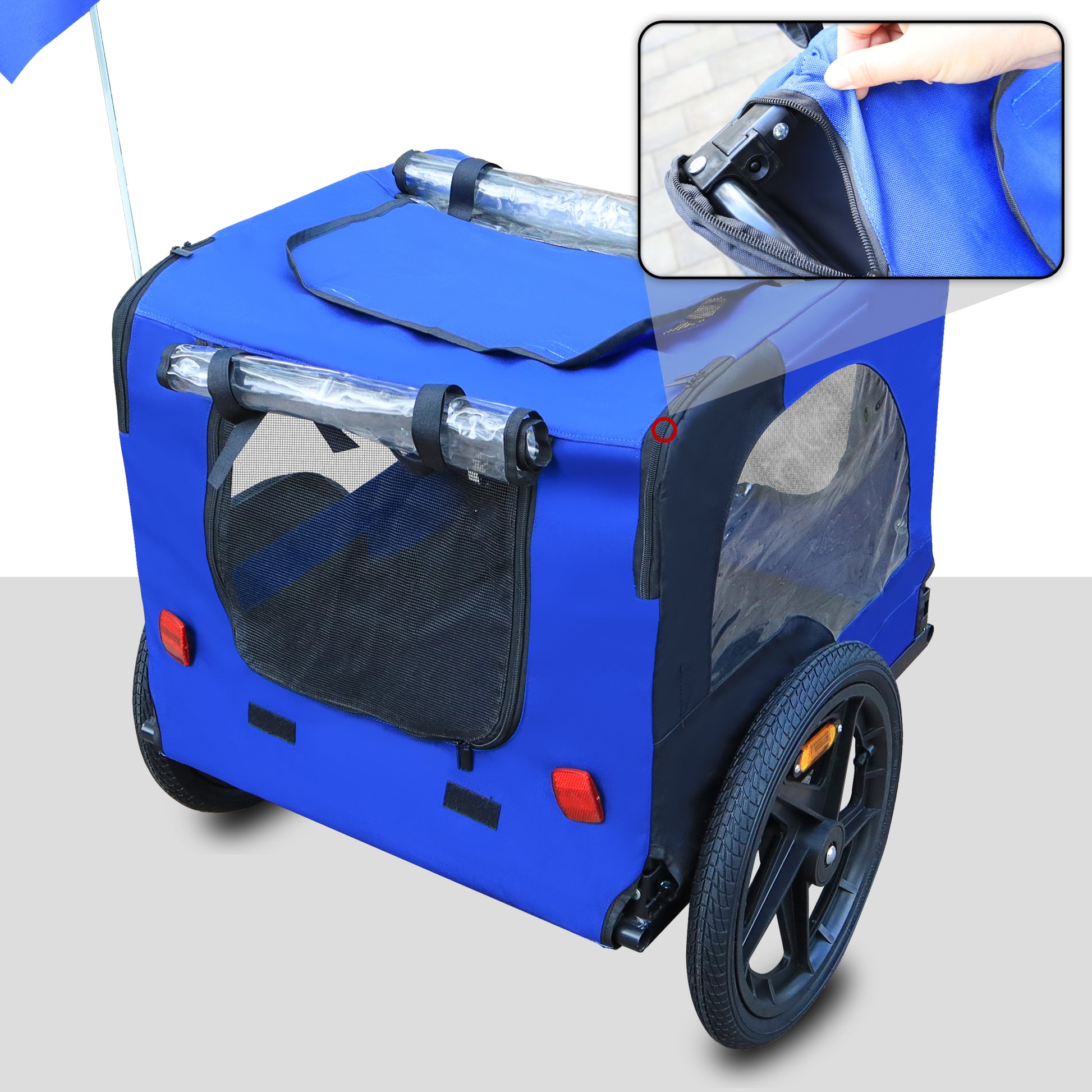 Blue pet stroller with mesh windows for ventilation and a zippered canopy opening