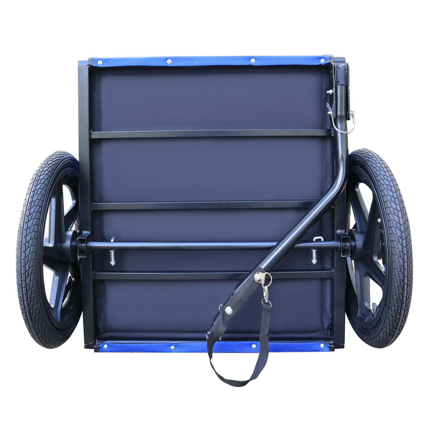 Black canvas wagon with blue trim and black wheels perfect for hauling gear