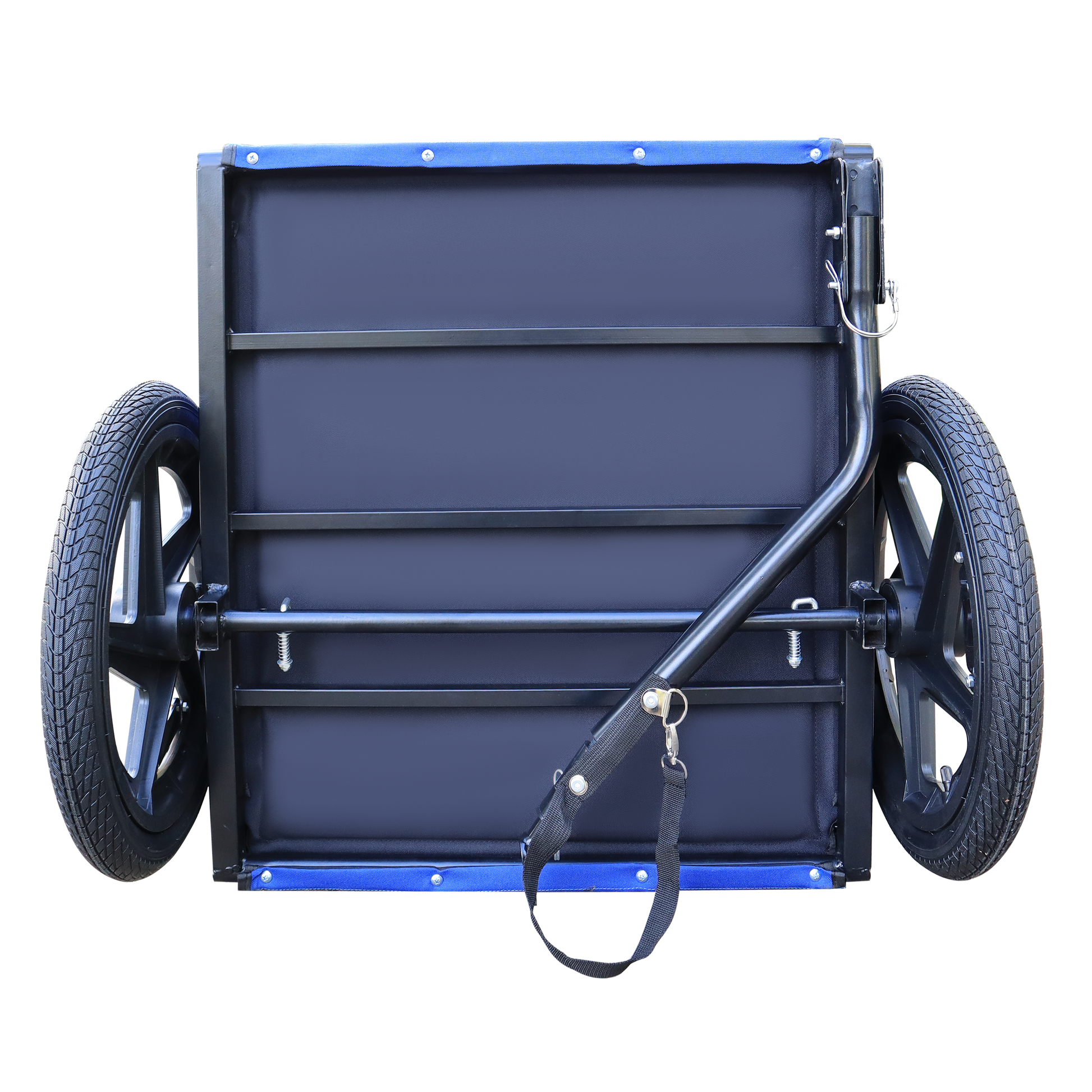 Black canvas wagon with blue trim and black wheels perfect for hauling gear