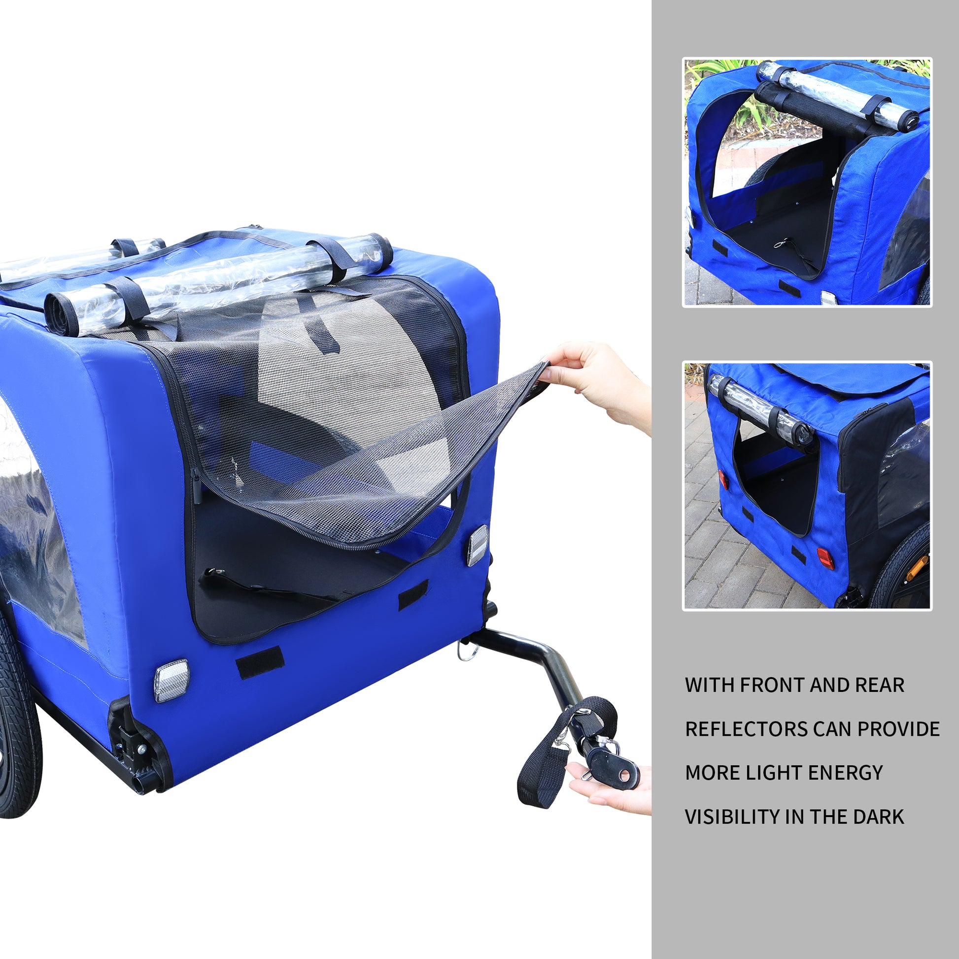 Blue fabric dog stroller with mesh windows and reflective accents for safe walks