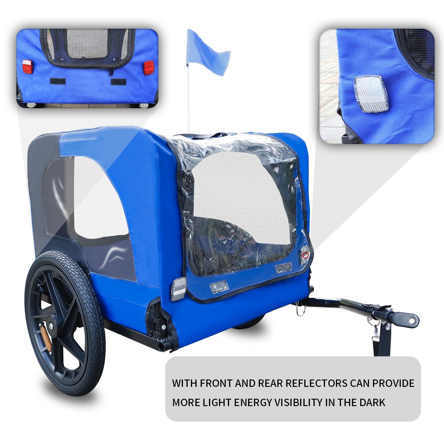 Blue fabric pet trailer with mesh windows and reflective side panels