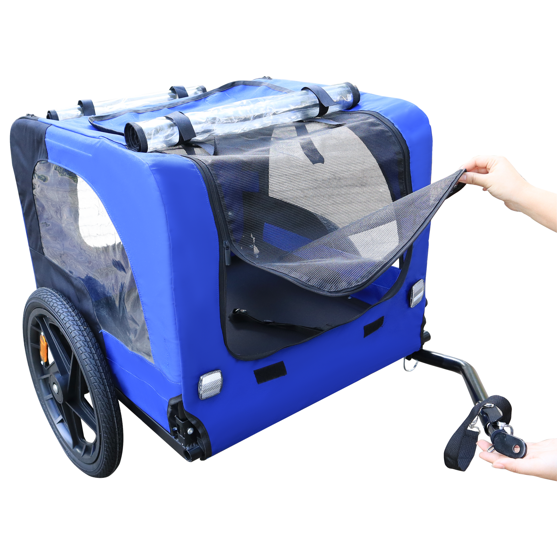 Blue fabric pet trailer with mesh window and handle attachment