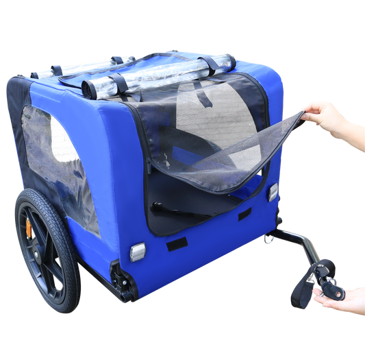 Blue fabric pet trailer with mesh window and handle attachment