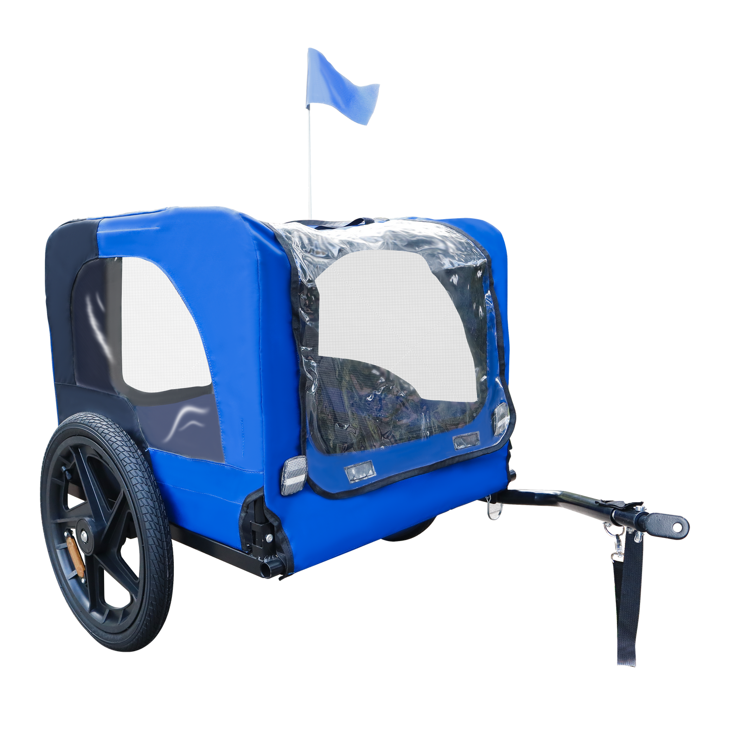 Blue and black child bike trailer with clear windows and a safety flag