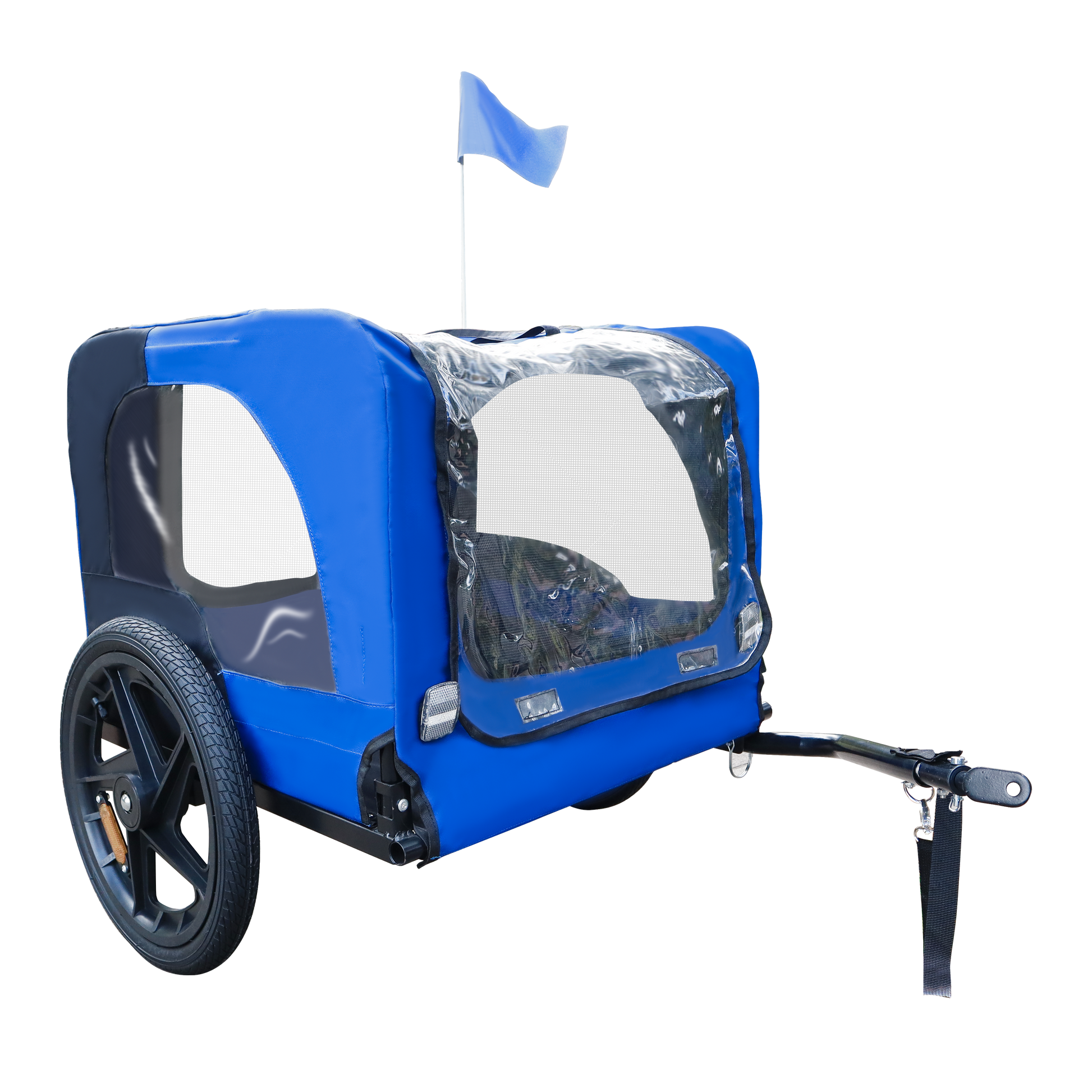 Blue and black child bike trailer with clear windows and a safety flag