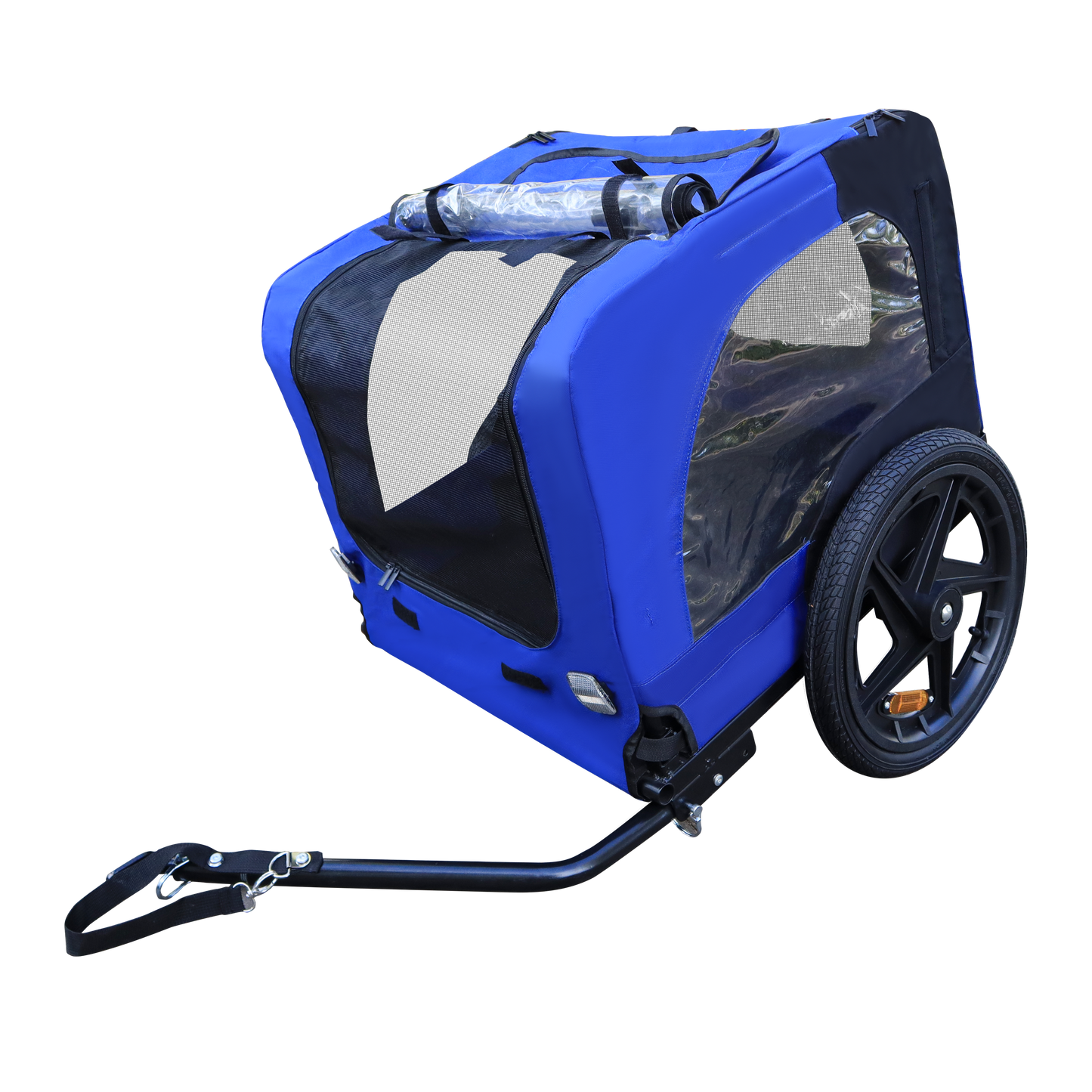 Blue fabric pet stroller trailer with mesh windows and black wheel
