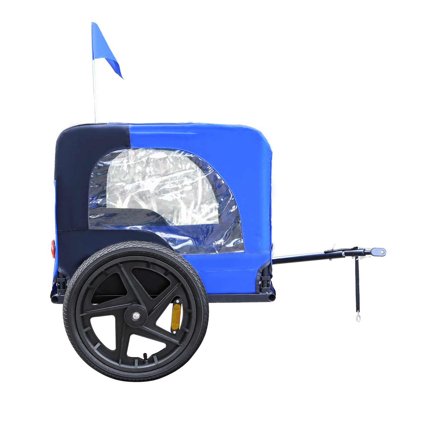 Blue and navy child bike trailer with clear windows and black wheel