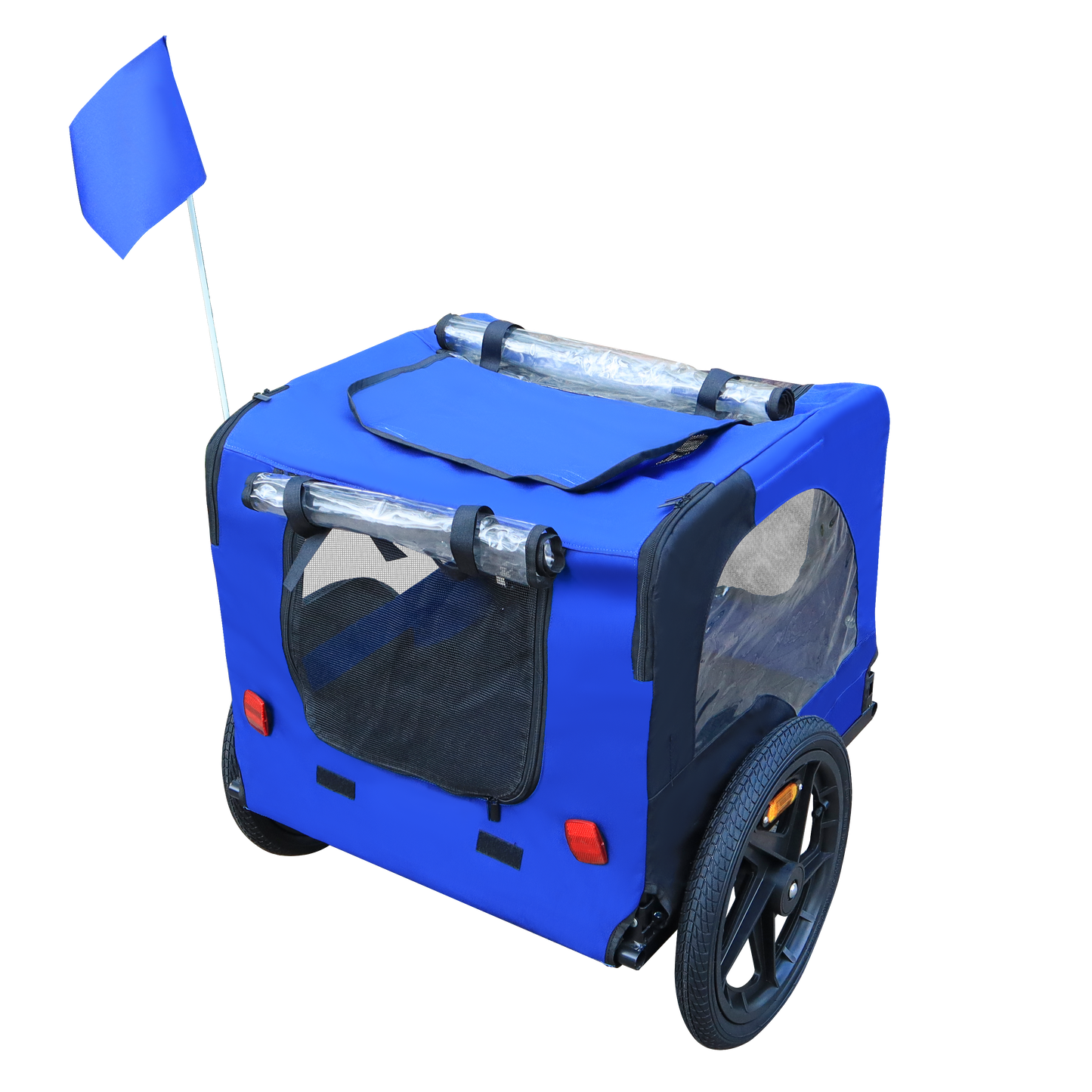 Blue canvas pet trailer with mesh windows and rain covers ideal for travel