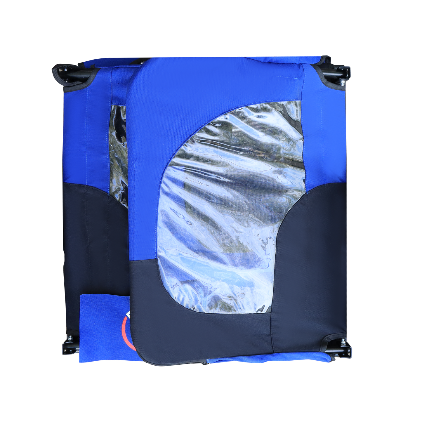 Blue and black fabric pet stroller with clear window detail