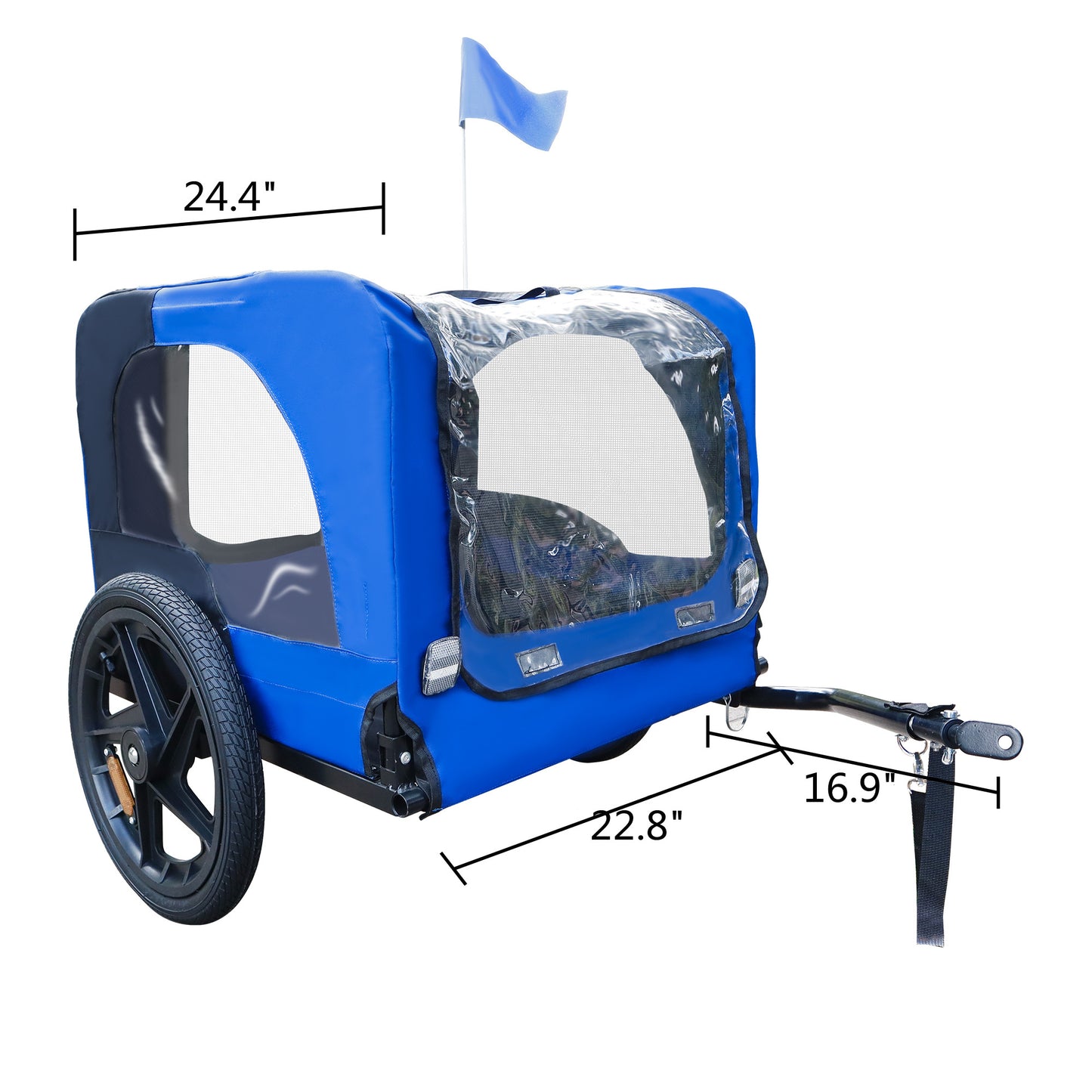 Blue bicycle pet trailer with mesh windows and safety flag dimensions noted