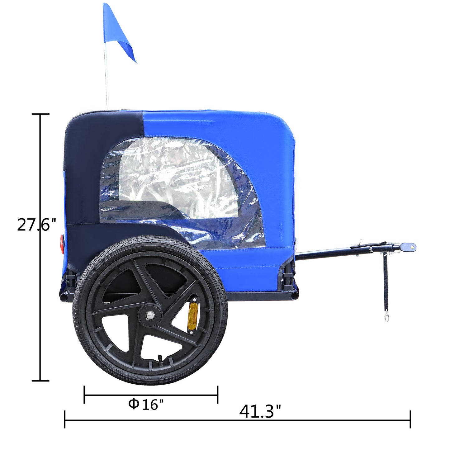 Blue and navy child bike trailer with clear windows and safety flag