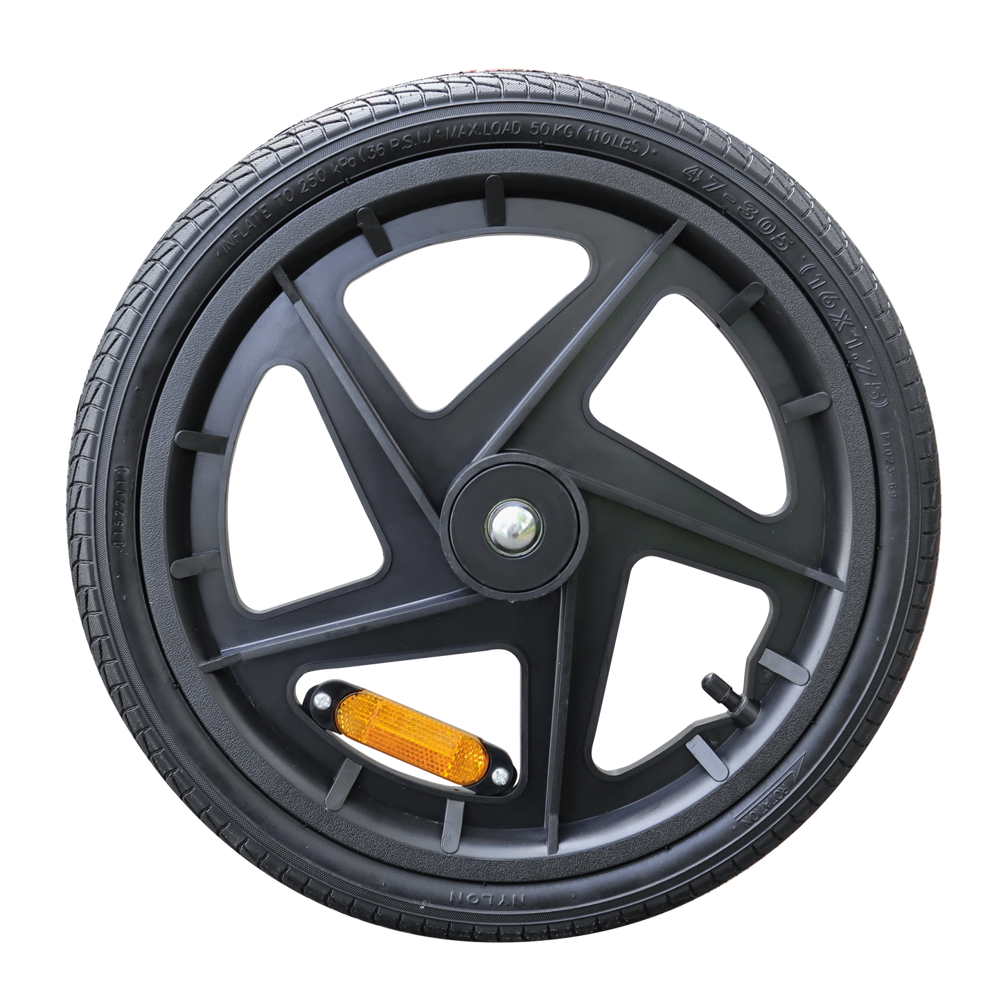 Black x bicycle wheel with reflective spoke and nylon tire