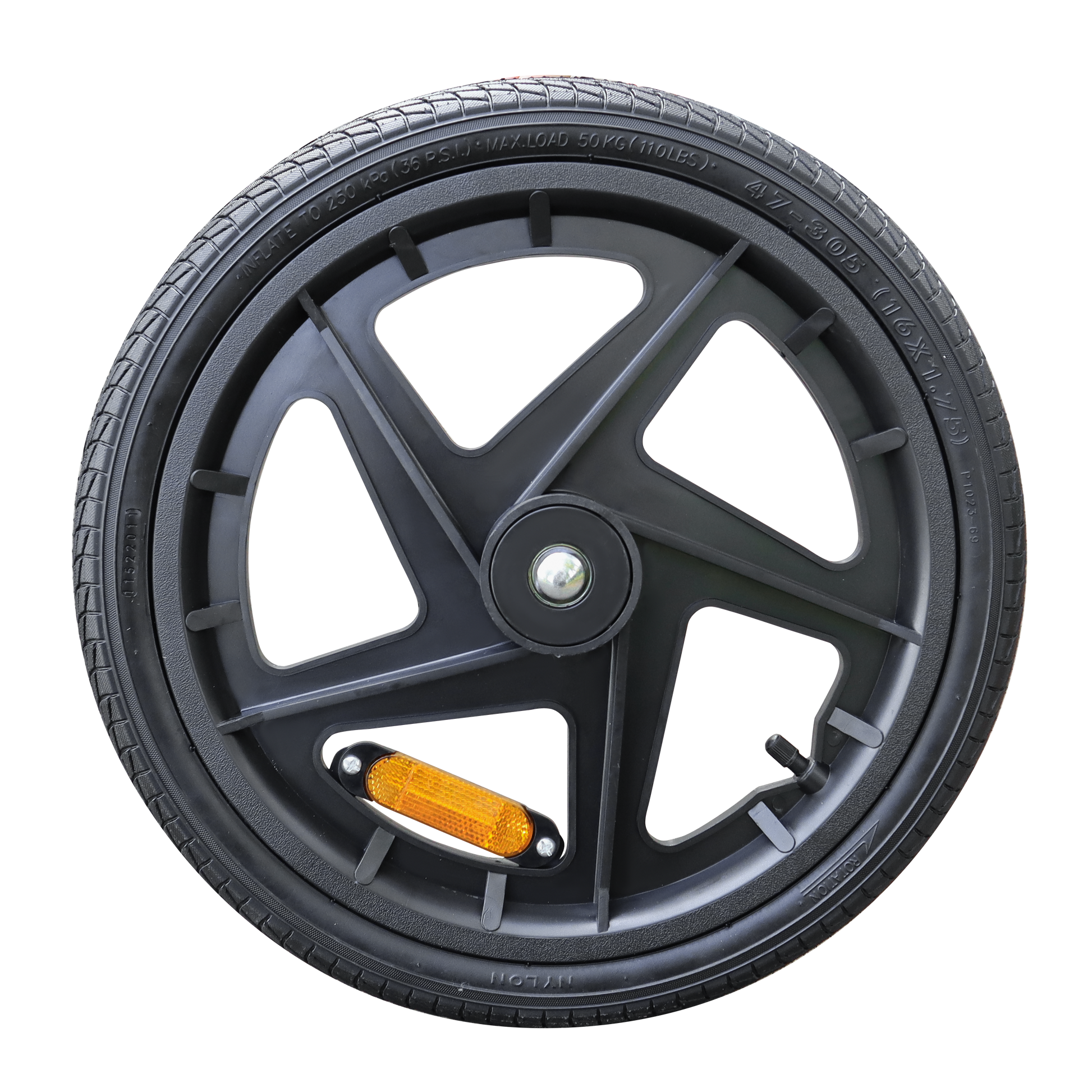 Black x bicycle wheel with reflective spoke and nylon tire