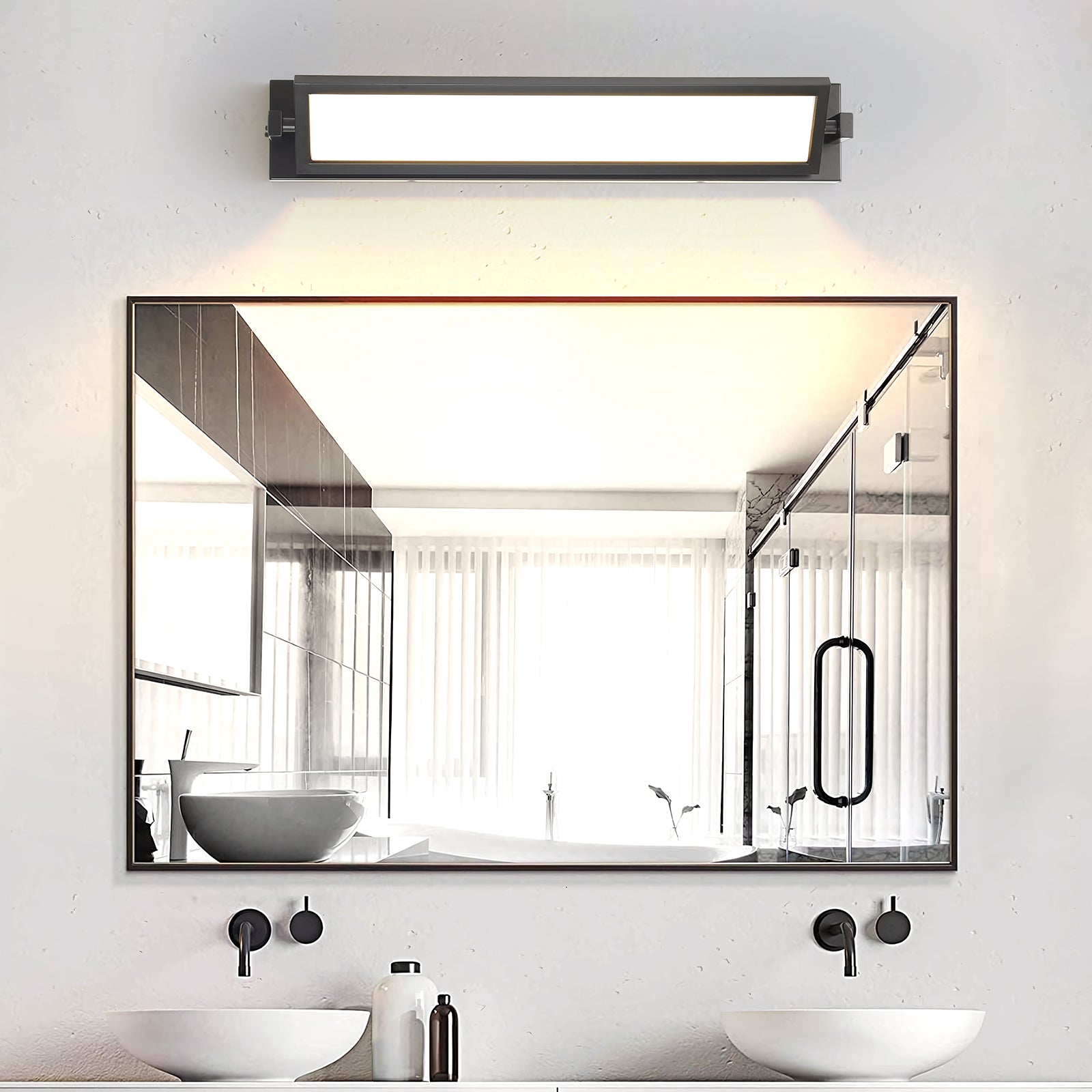 Modern rectangular bathroom vanity light with brushed nickel finish and LED illumination