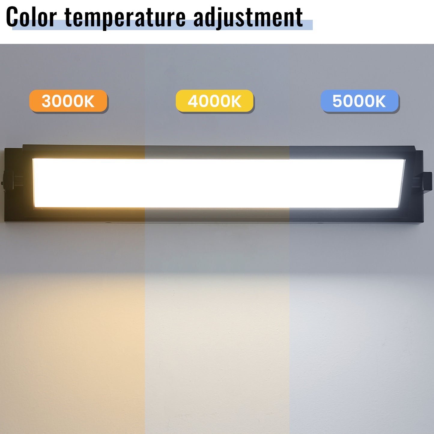 Linear LED fixture showing adjustable color temperature options K K and K