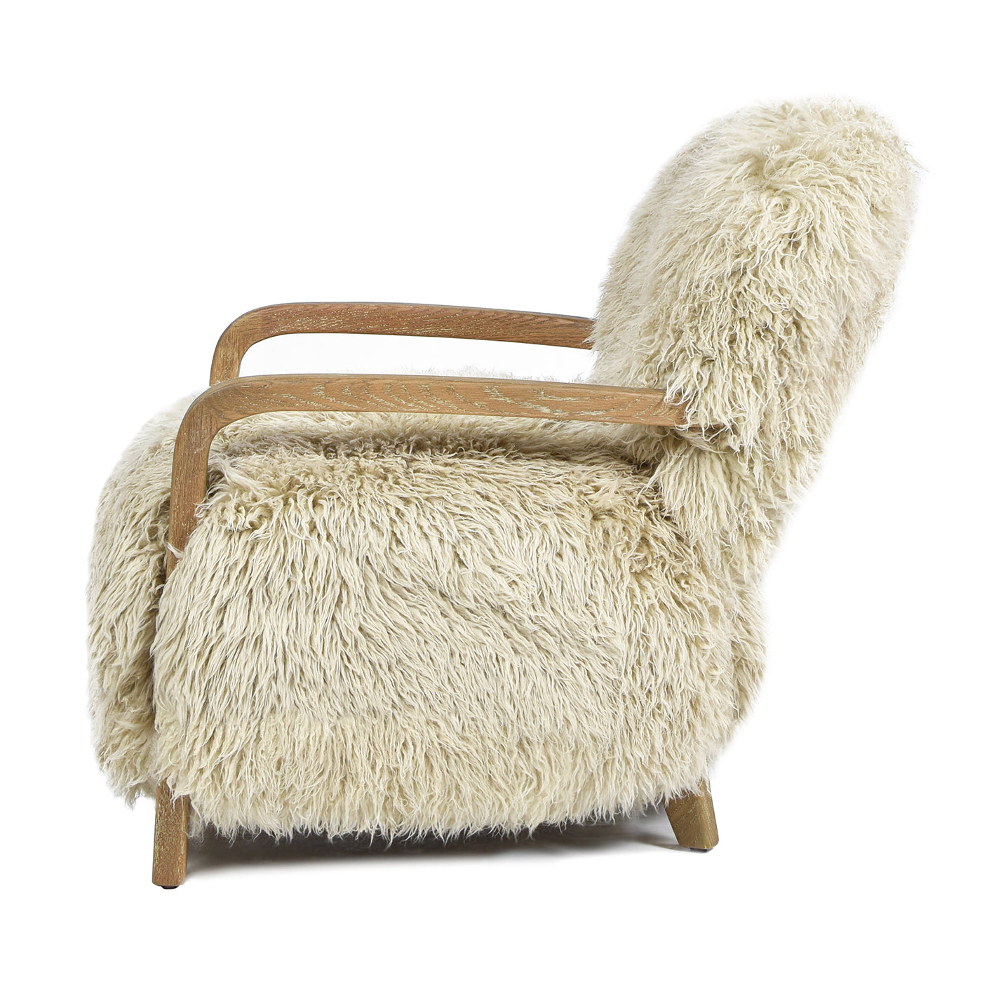 Cream boucle accent chair with natural wood frame and armrests perfect for a cozy living room