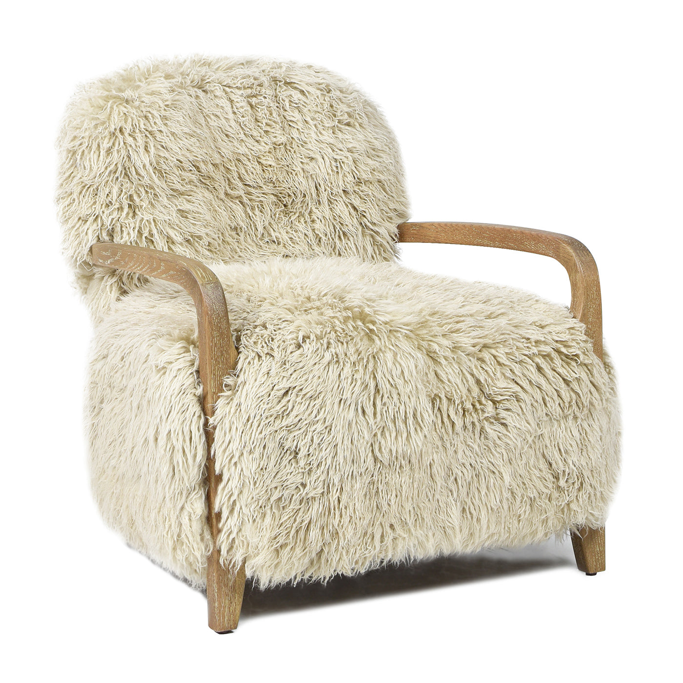 Plush cream boucle armchair with light wood frame