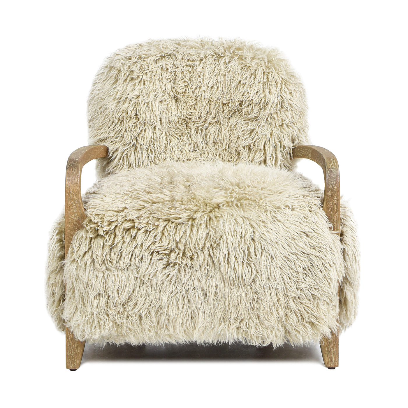 Cream shaggy armchair with light wood frame plush cozy seating