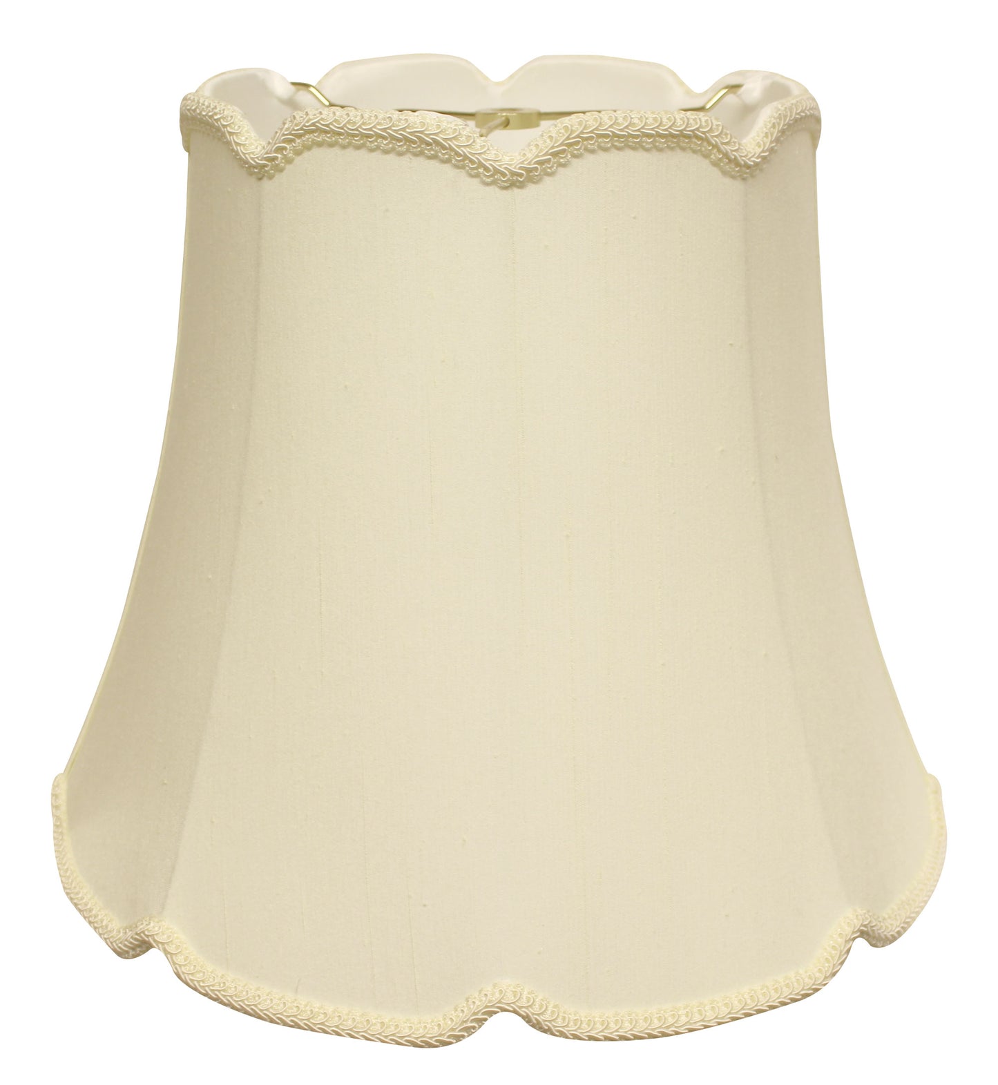 Cream fabric bell lampshade with decorative trim and scalloped edges perfect for accent lighting