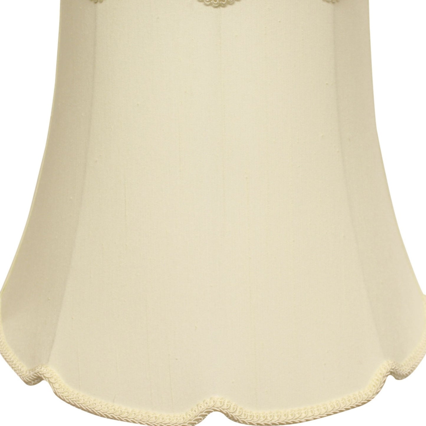 Cream bell lampshade with decorative trim fabric texture visible