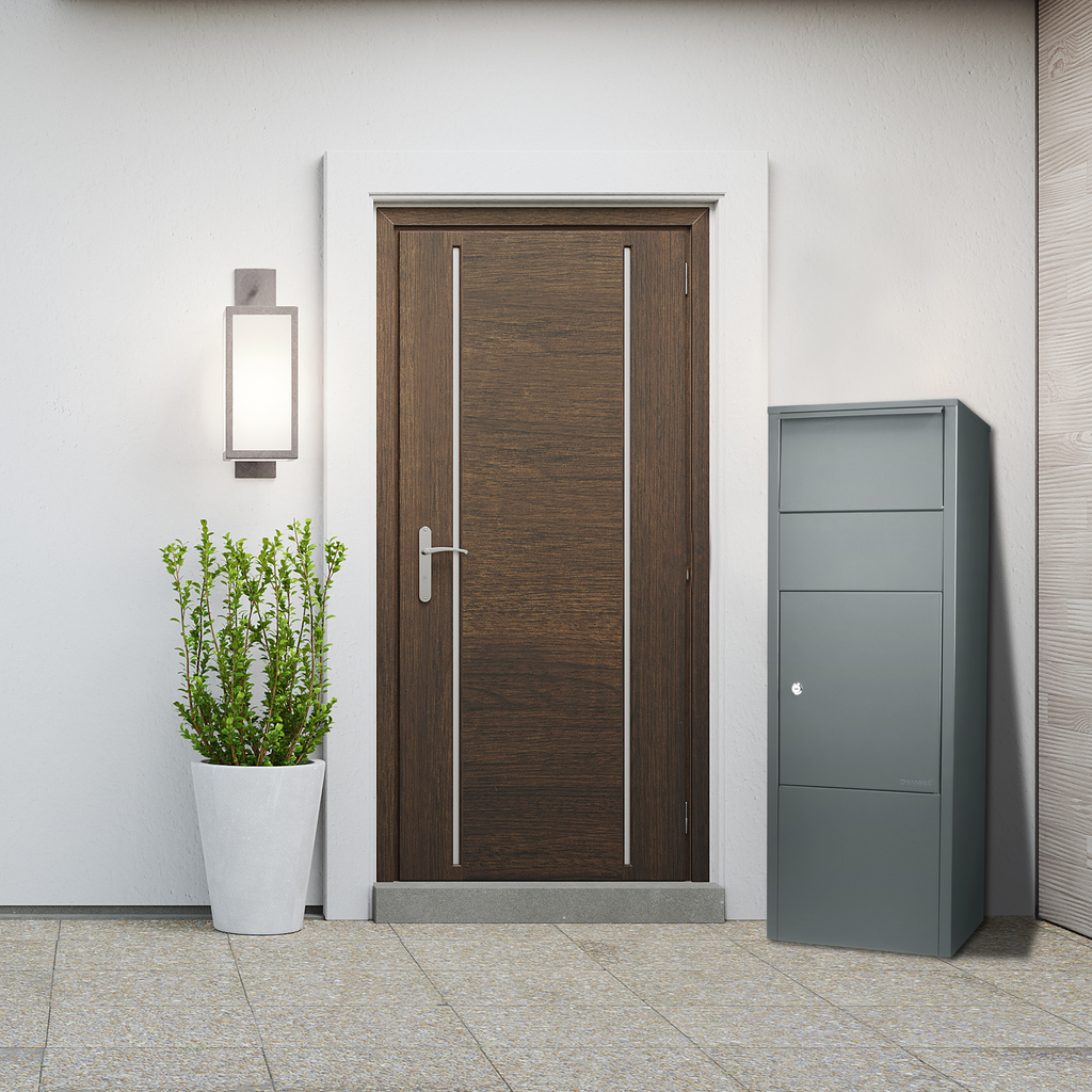 Modern grey parcel box with multiple compartments and lock for secure package delivery